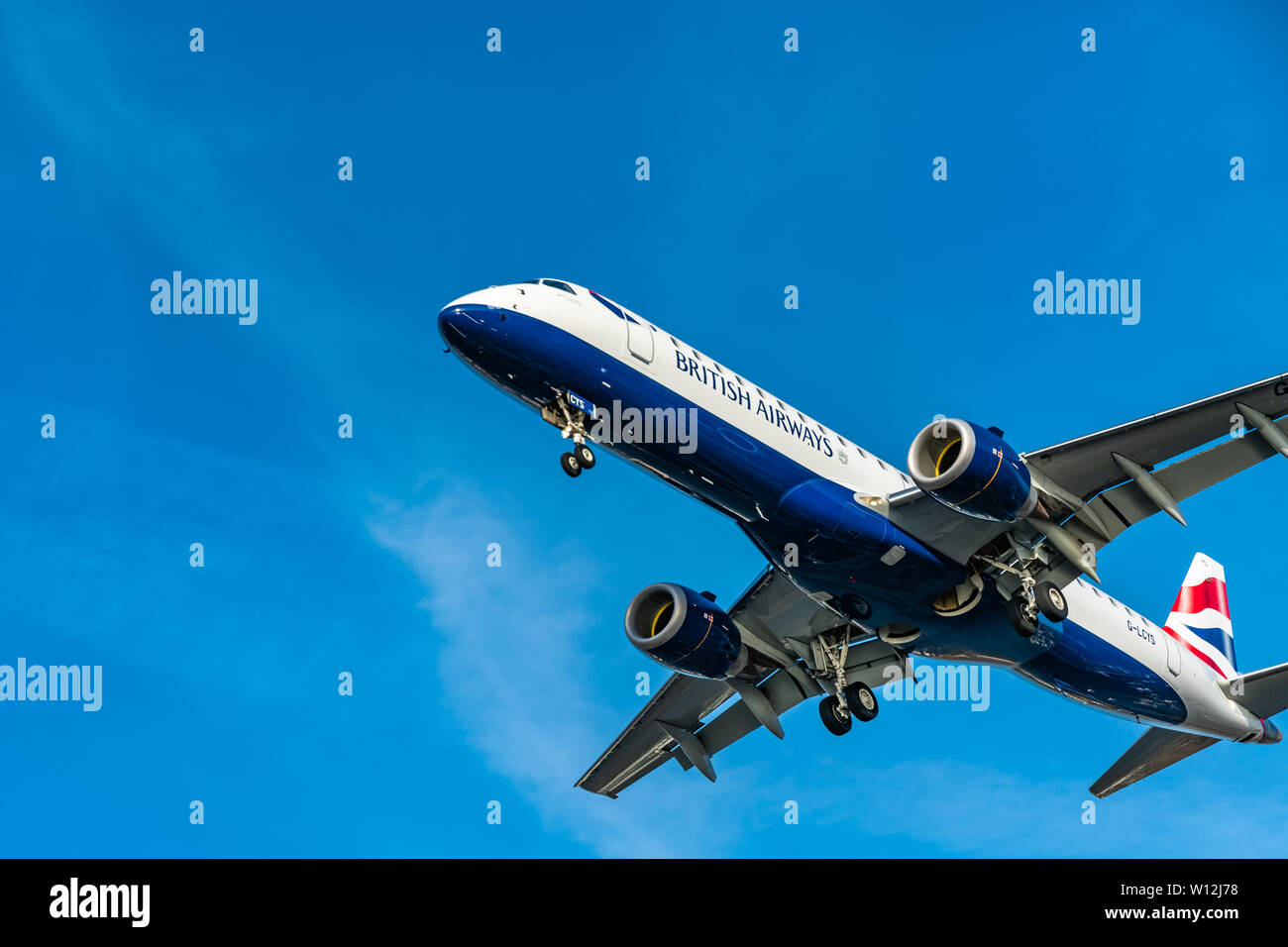 London, UK - 17, February 2019: BA CityFlyer a wholly owned subsidiary airline of British Airways based in Manchester England, aircraft type Embraer E Stock Photo