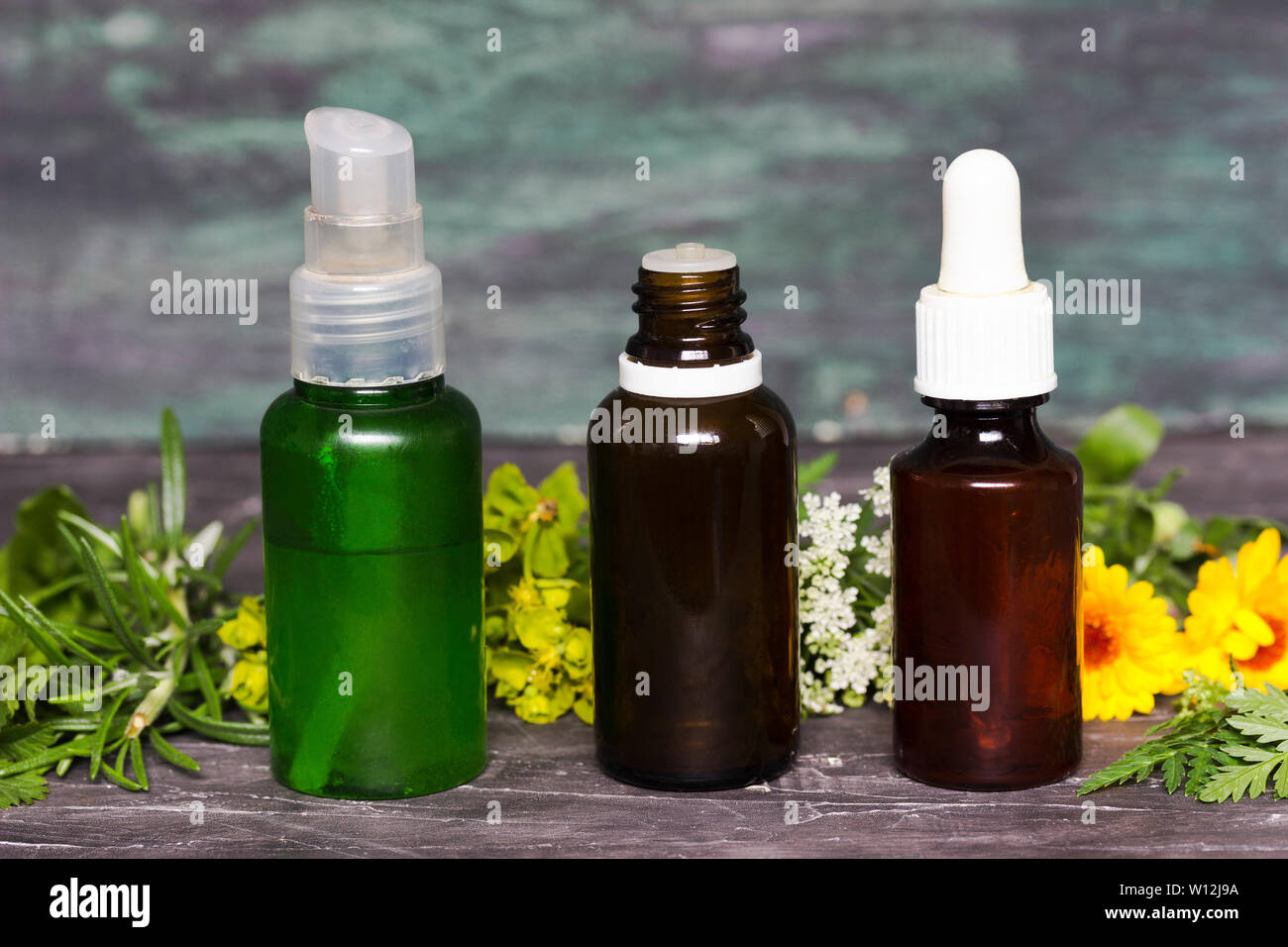 Alternative herbal medicine with medicinal plants essence bottles Stock Photo