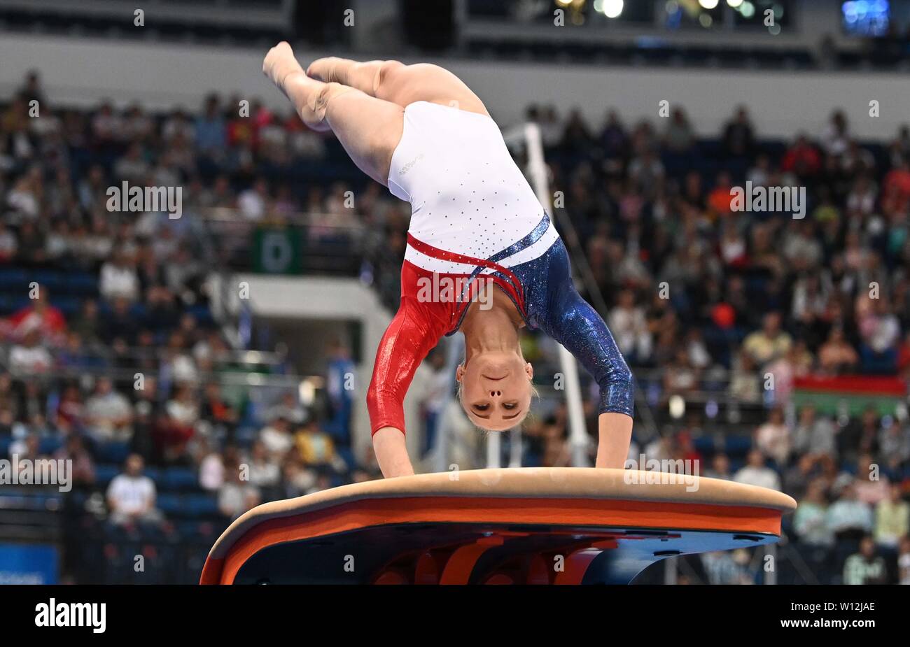 Minsk. Belarus. 29 June 2019. Angelina Melinikova (RUS) during the womens all round final of the Artistic Gymnastics at the 2nd European games. Credit Garry Bowden/SIP photo agency/Alamy live news. Stock Photo