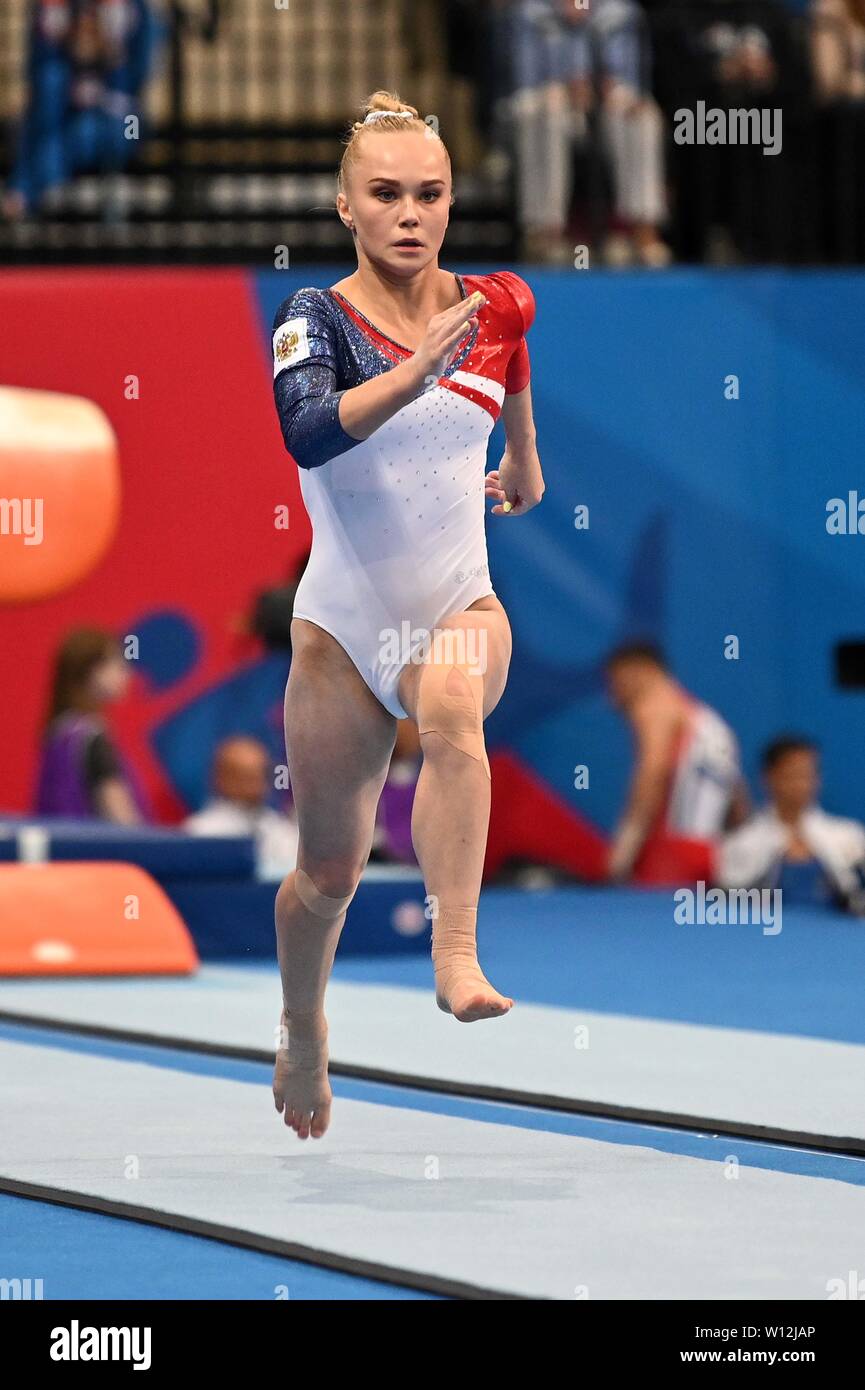 Minsk. Belarus. 29 June 2019. Angelina Melinikova (RUS) during the womens all round final of the Artistic Gymnastics at the 2nd European games. Credit Garry Bowden/SIP photo agency/Alamy live news. Stock Photo