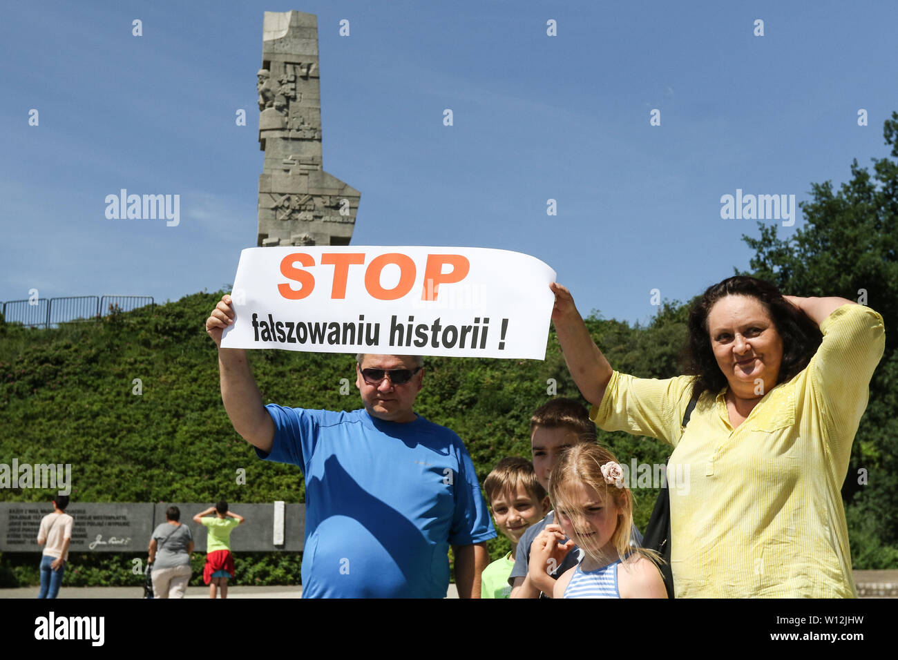 Gdansk, Poland. 29th, June 2019  People and Gdansk city authorities protest against government plans to expropriation for political purposes and the acquisition by a special law the Westerplatte Peninsula. Westerplatte is the first battlefield of the WWII. Protesters holding banners that speak -  Stop to falsification of history are seen © Vadim Pacajev / Alamy Live News Stock Photo