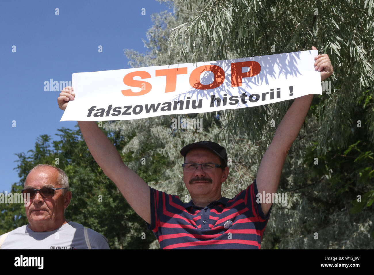 Gdansk, Poland. 29th, June 2019  People and Gdansk city authorities protest against government plans to expropriation for political purposes and the acquisition by a special law the Westerplatte Peninsula. Westerplatte is the first battlefield of the WWII. Protesters holding banners that speak - Westerplatte is fighting again and Stop to falsification of history are seen © Vadim Pacajev / Alamy Live News Stock Photo