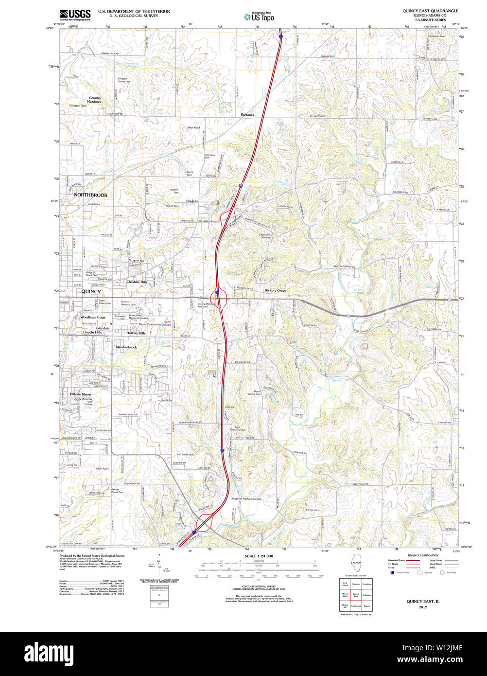 USGS TOPO Map Illinois IL Quincy East 20120822 TM Restoration Stock Photo