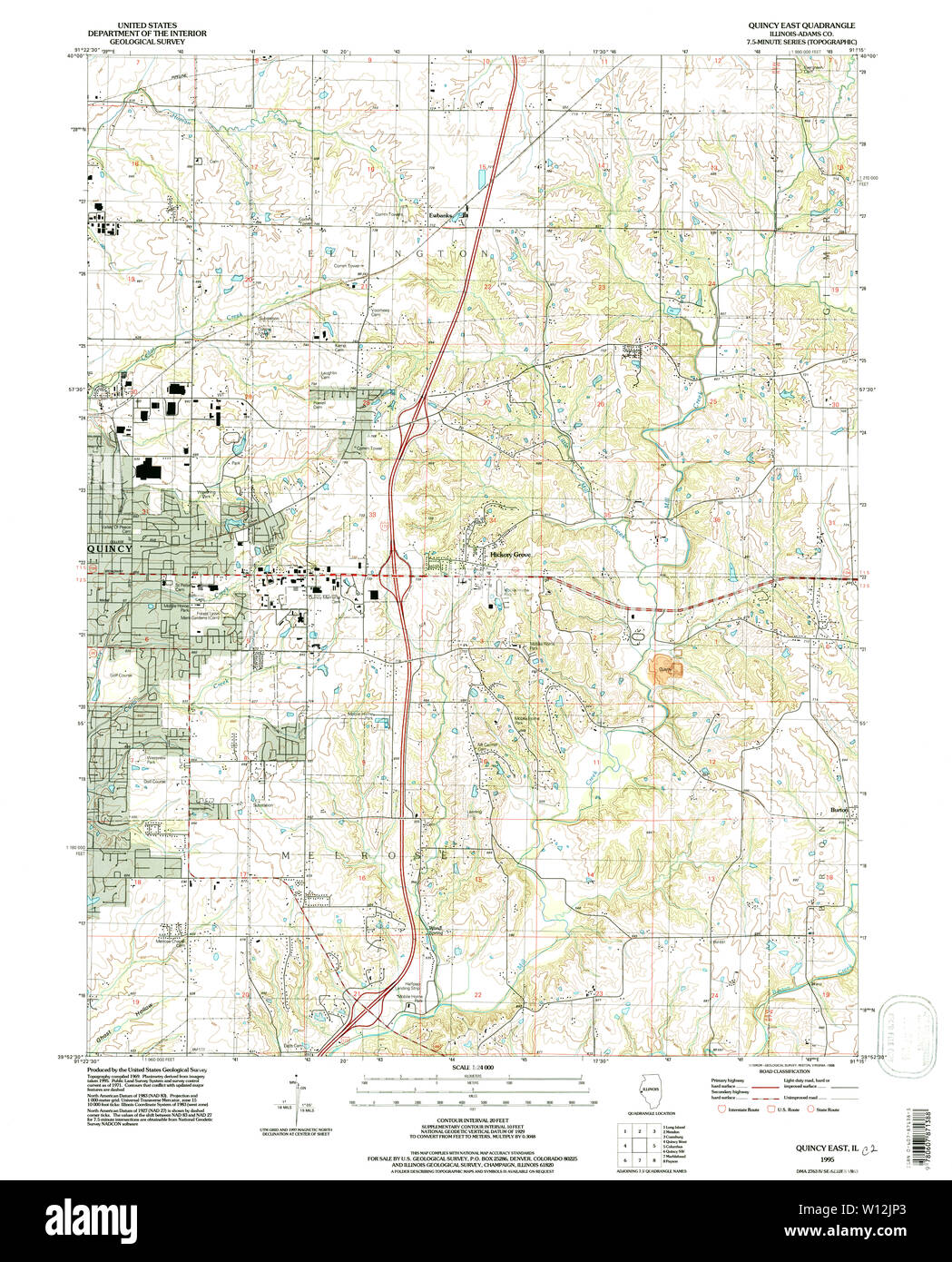 USGS TOPO Map Illinois IL Quincy East 308554 1995 24000 Restoration Stock Photo