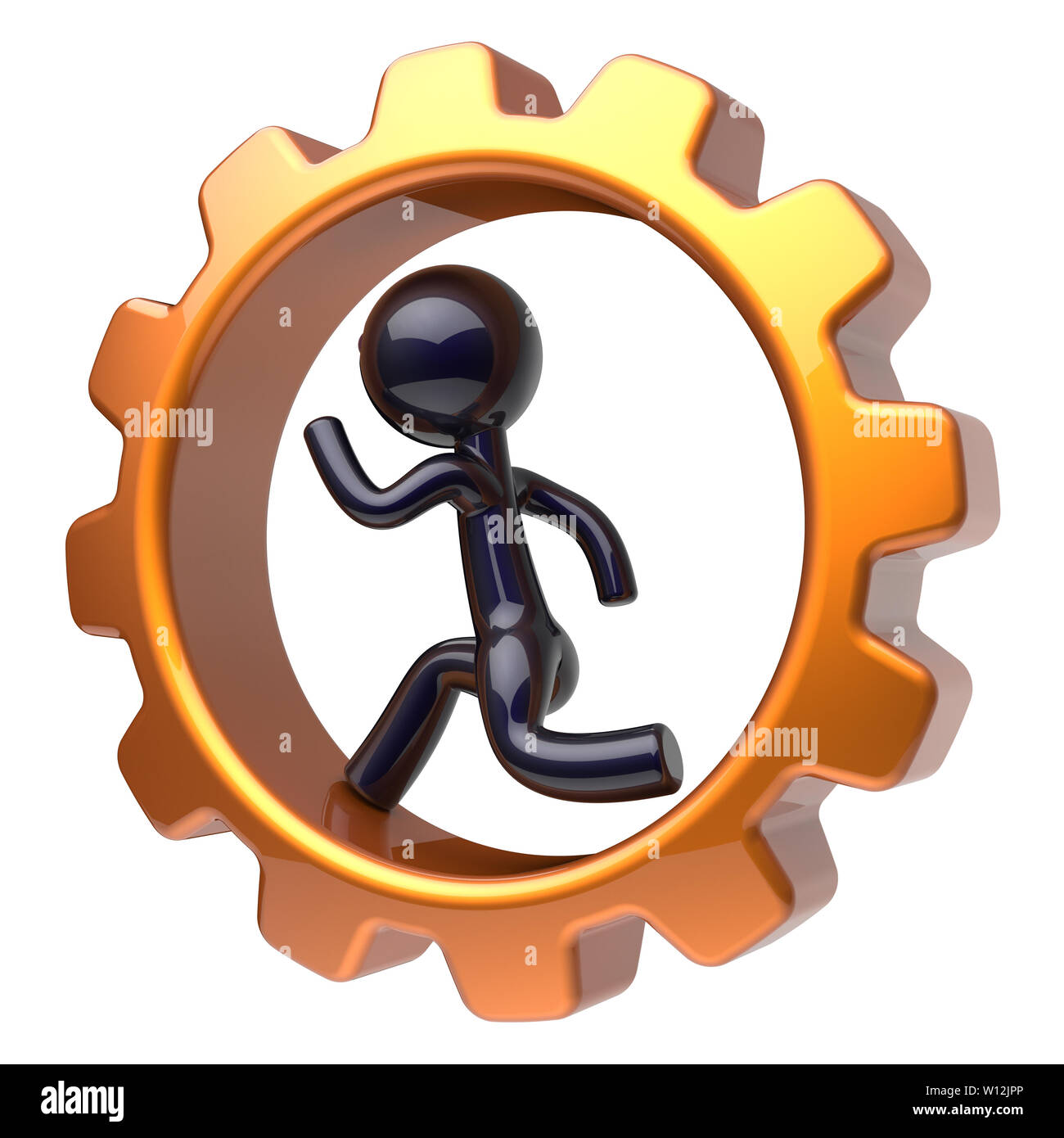 Businessman character running inside gearwheel man rotate cogwheel stylized black human cartoon guy hamster person worker gear wheel business career e Stock Photo