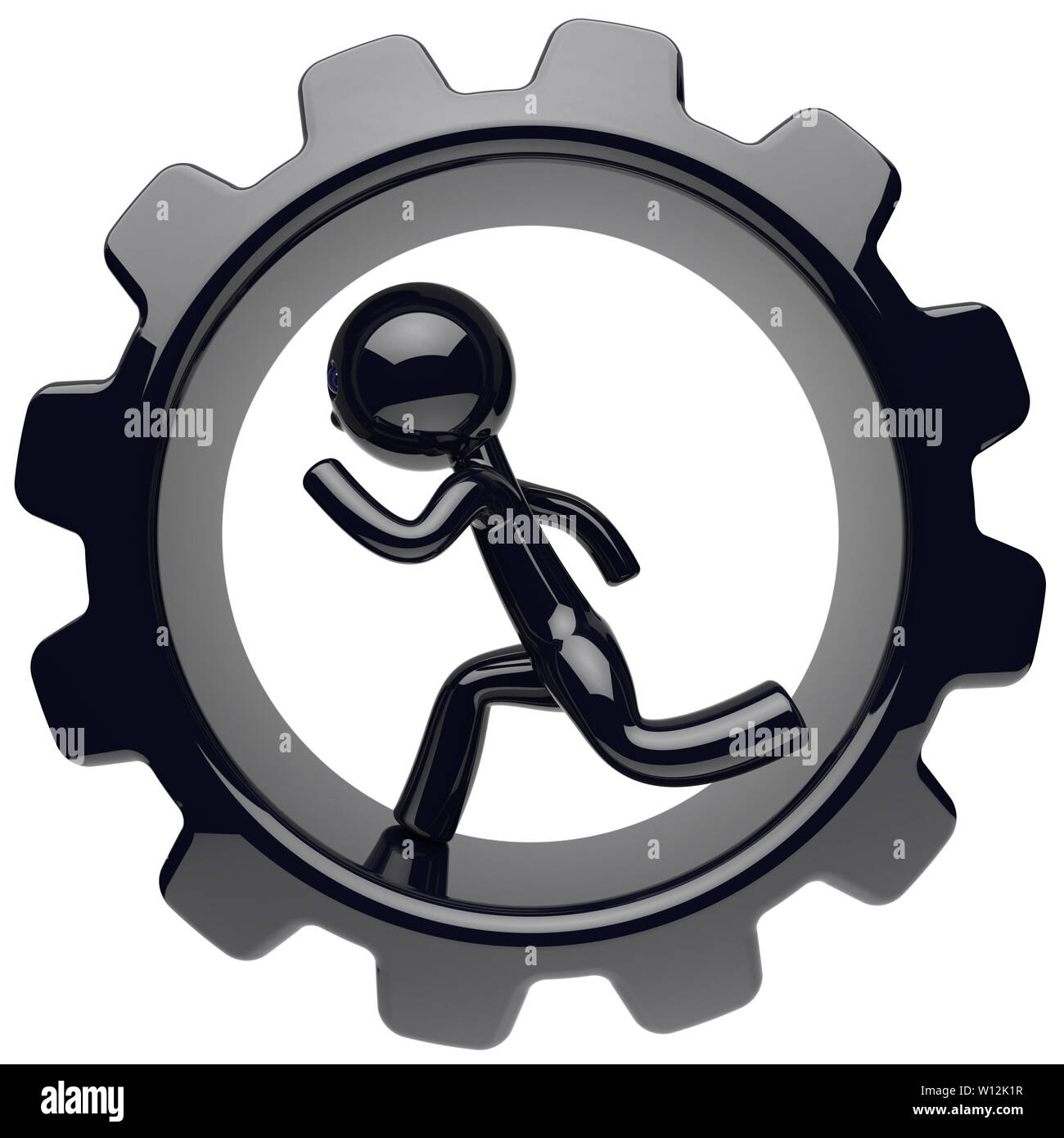 Man character running inside gearwheel cogwheel businessman hamster stylized black human cartoon guy person worker rotate gear wheel business career e Stock Photo