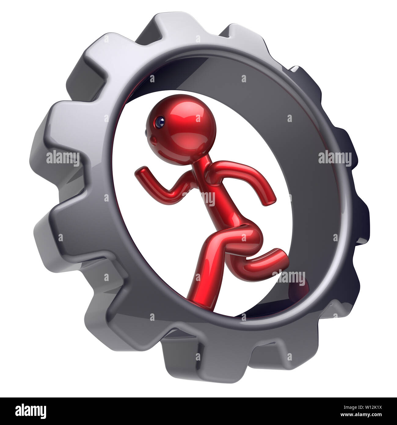 Man character stylized red cartoon guy running inside gearwheel human rotate cogwheel like hamster person worker black gear wheel business career empl Stock Photo