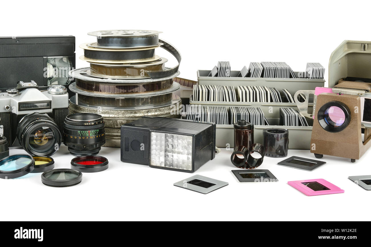 Obsolete equipment for photo and video shooting and slide show isolated