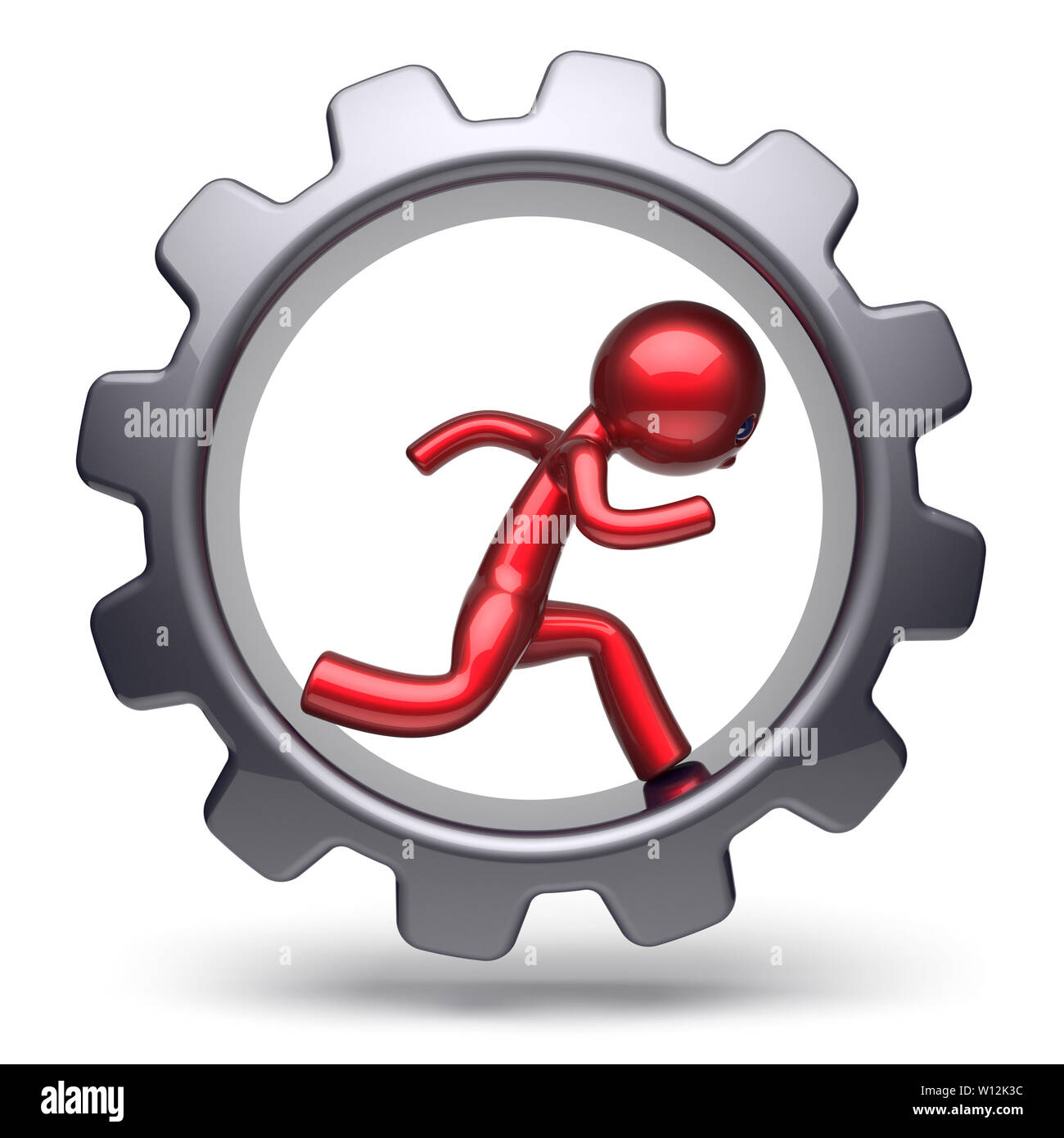 Man character stylized red human running inside gearwheel businessman rotate cogwheel cartoon guy hamster person worker black gear wheel business care Stock Photo