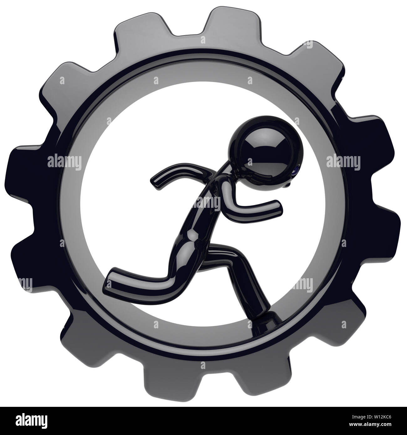 Man character stylized black human running inside gearwheel businessman rotate cogwheel cartoon guy person worker gear wheel business career employmen Stock Photo