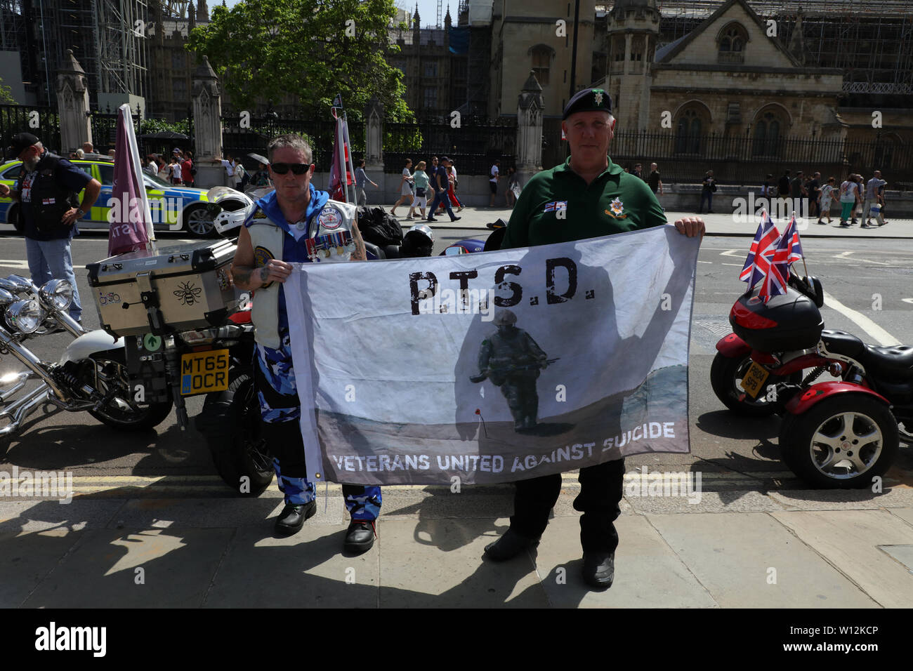 London, UK. 29th June 2019. Army veterans from all over the country gather at Parliament Square to draw attention to several issues they facing such as prosecutions of acts allegedly committed during active service, no help with mental health issues such as Posttraumatic stress disorder (PTSD), isolation and loneliness when leaving the army, and an increasing number of suicides by ex-service men and women. They feel abandoned by those who sent them in conflict in the first place. Credit: Joe Kuis /Alamy News Stock Photo