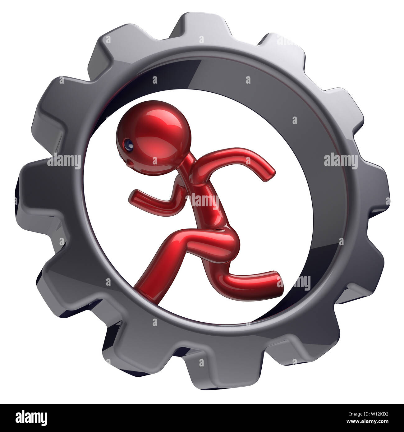 Man character businessman running inside gearwheel rotate cogwheel stylized red human cartoon guy hamster person worker black gear wheel business care Stock Photo