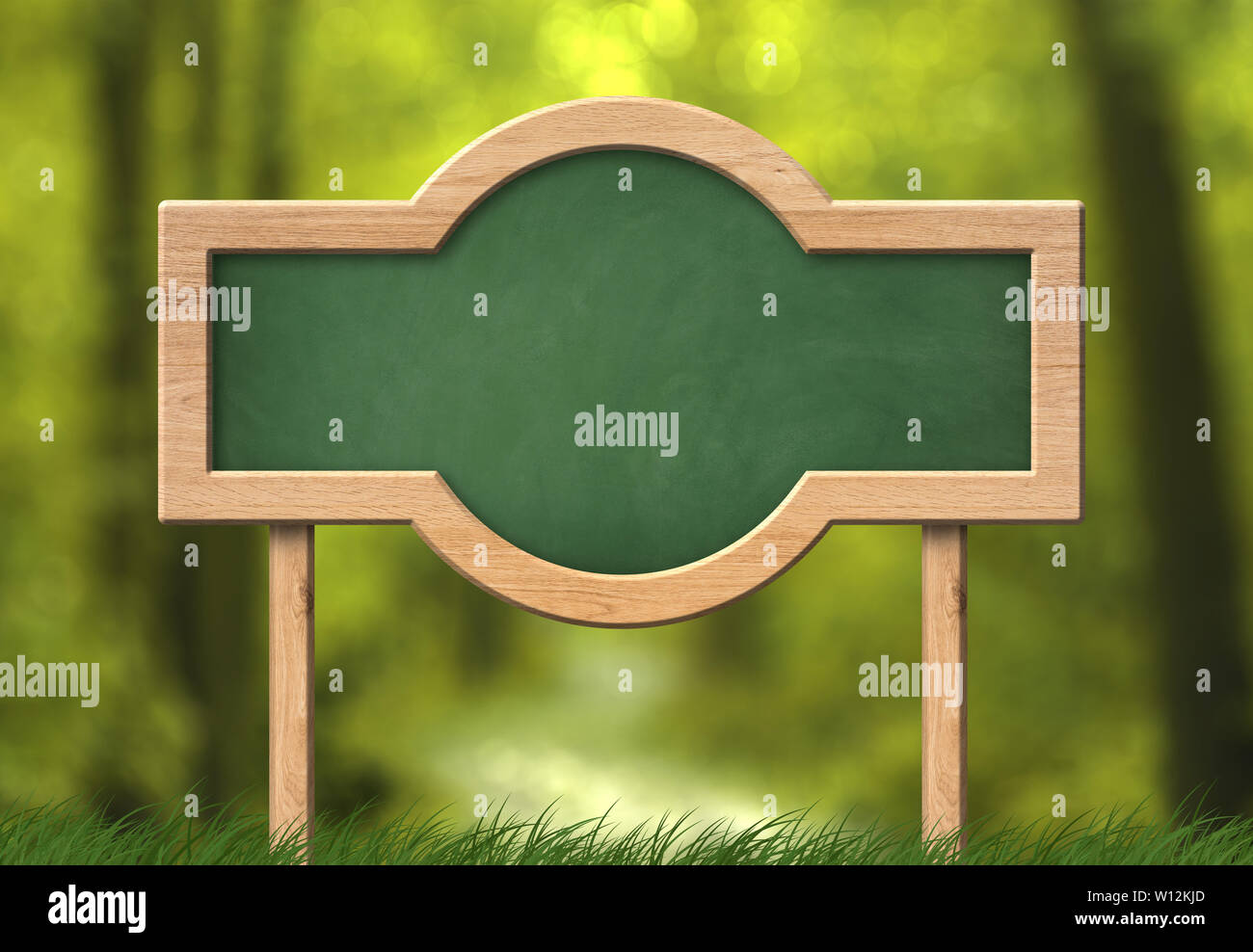 Empty green blackboard with rounded shape and forest background Stock