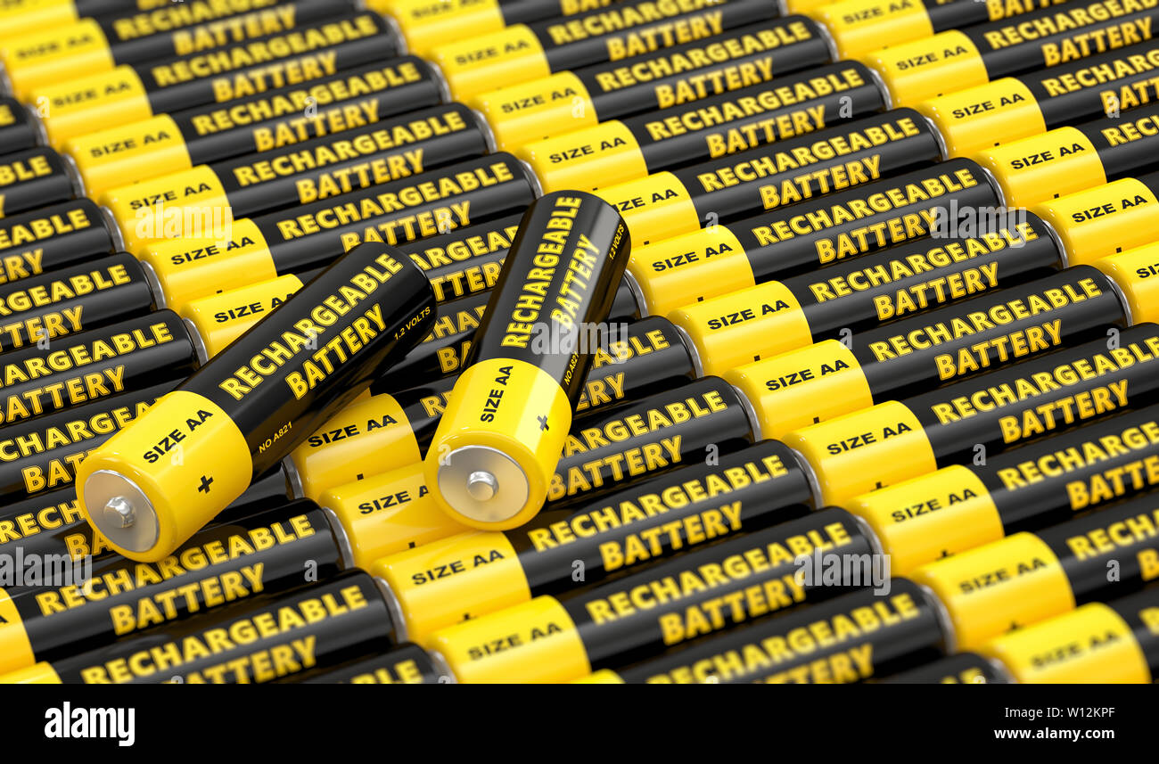 Rows of generic AA batteries with the label 'Rechargeable Battery' 3D