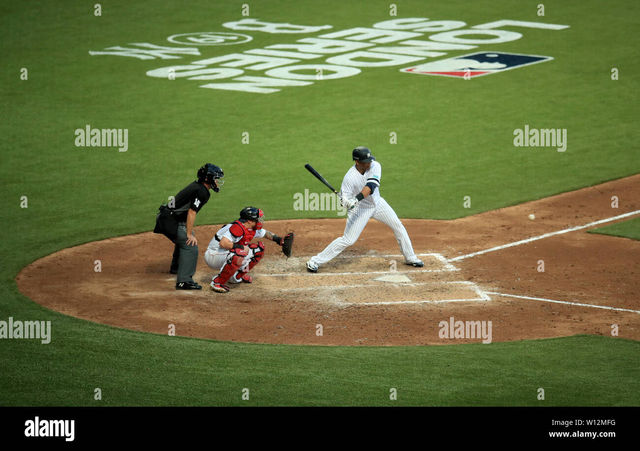New York Yankees' Edwin Encarnacion (right) in action during the MLB London Series Match at The