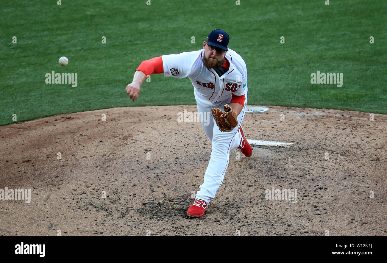 Boston Red Sox' Mike Shawaryn pitches during the MLB London Series Match at The London Stadium. Stock Photo
