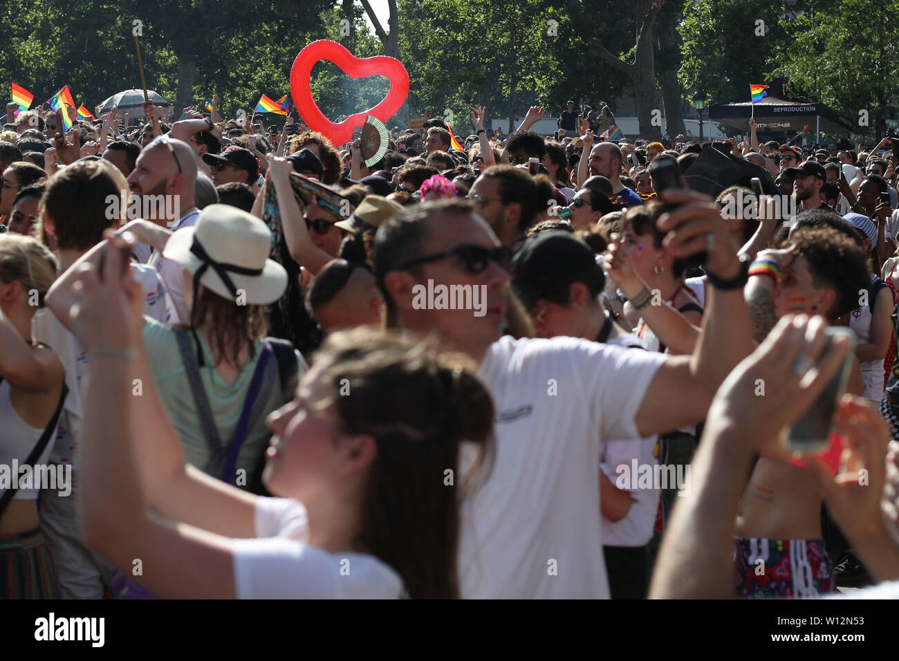 Paris, France. 29th June, 2019. A massive crowd of people march in a gay pride parade on June 29, 2019 in Paris, France. Credit: Brazil Photo Press/Alamy Live News  Stock Photo