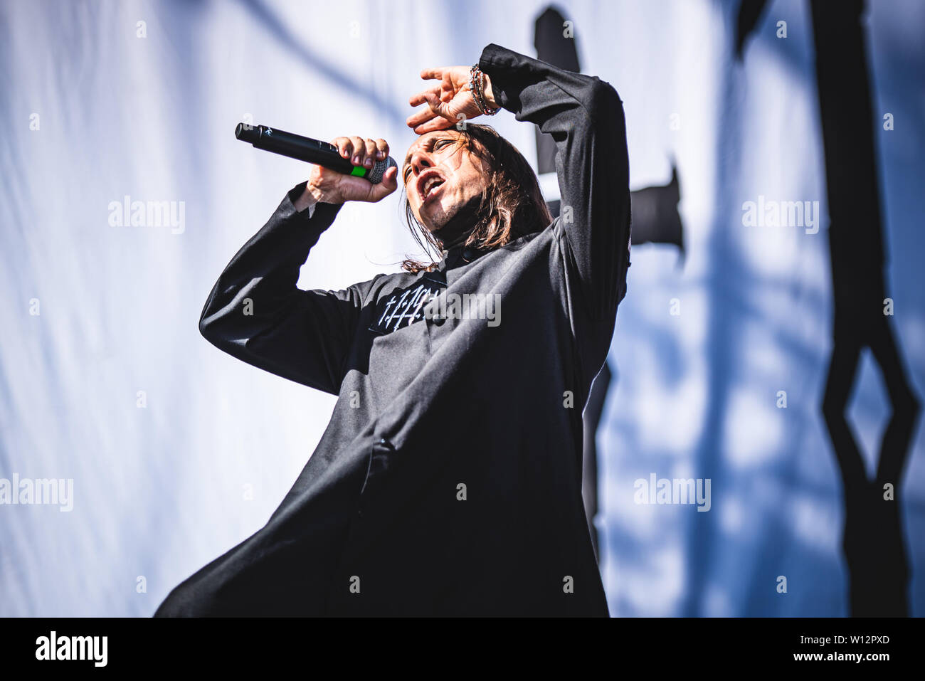 Andrea Ferro, singer of the Italian gothic metal band Lacuna Coil, performing live on stage in Bologna, at the Bologna Sonic Park 2019 first ever edit Stock Photo