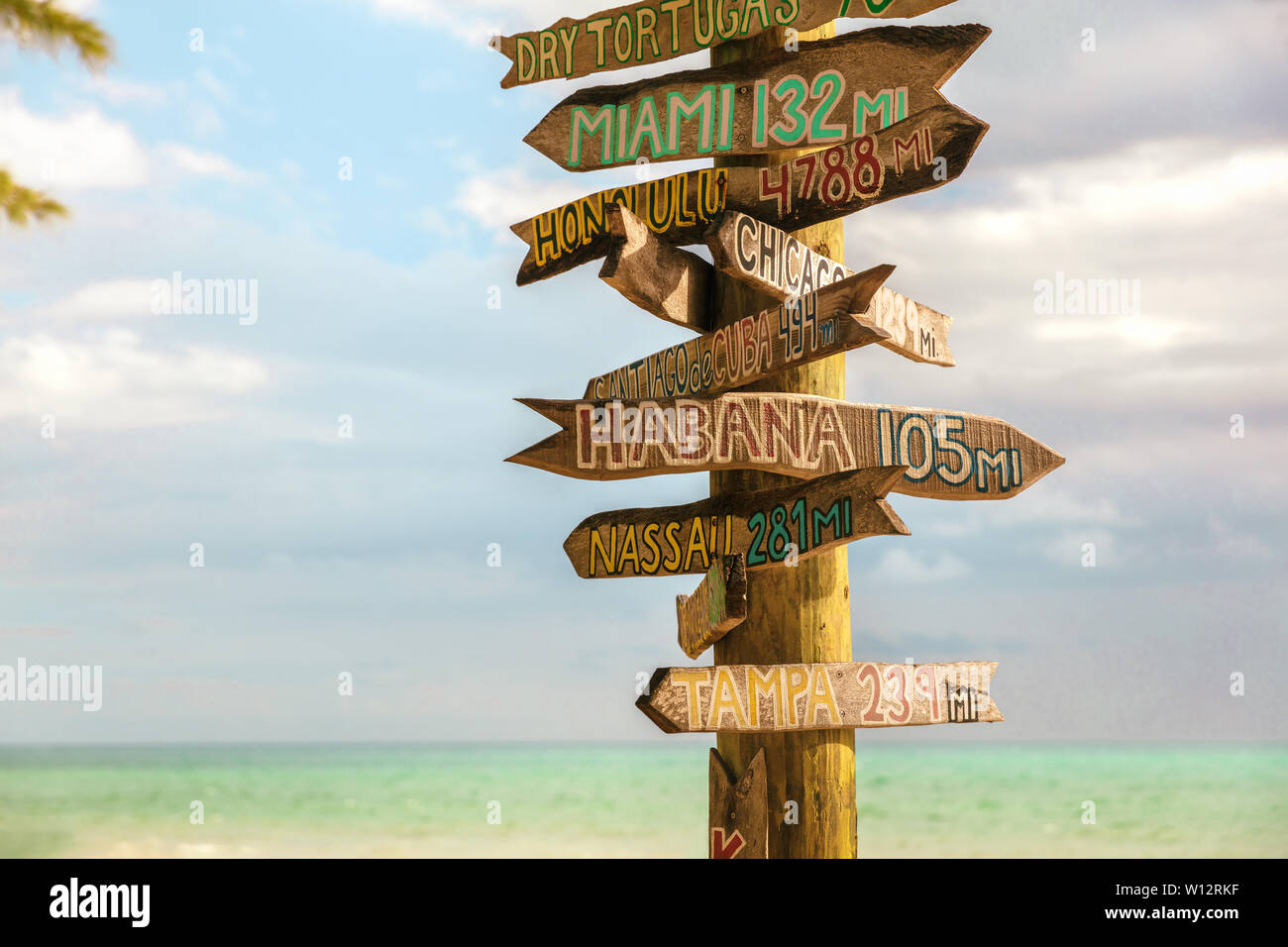 Key West Zachary Beach Tourist travel sign post, Florida summer