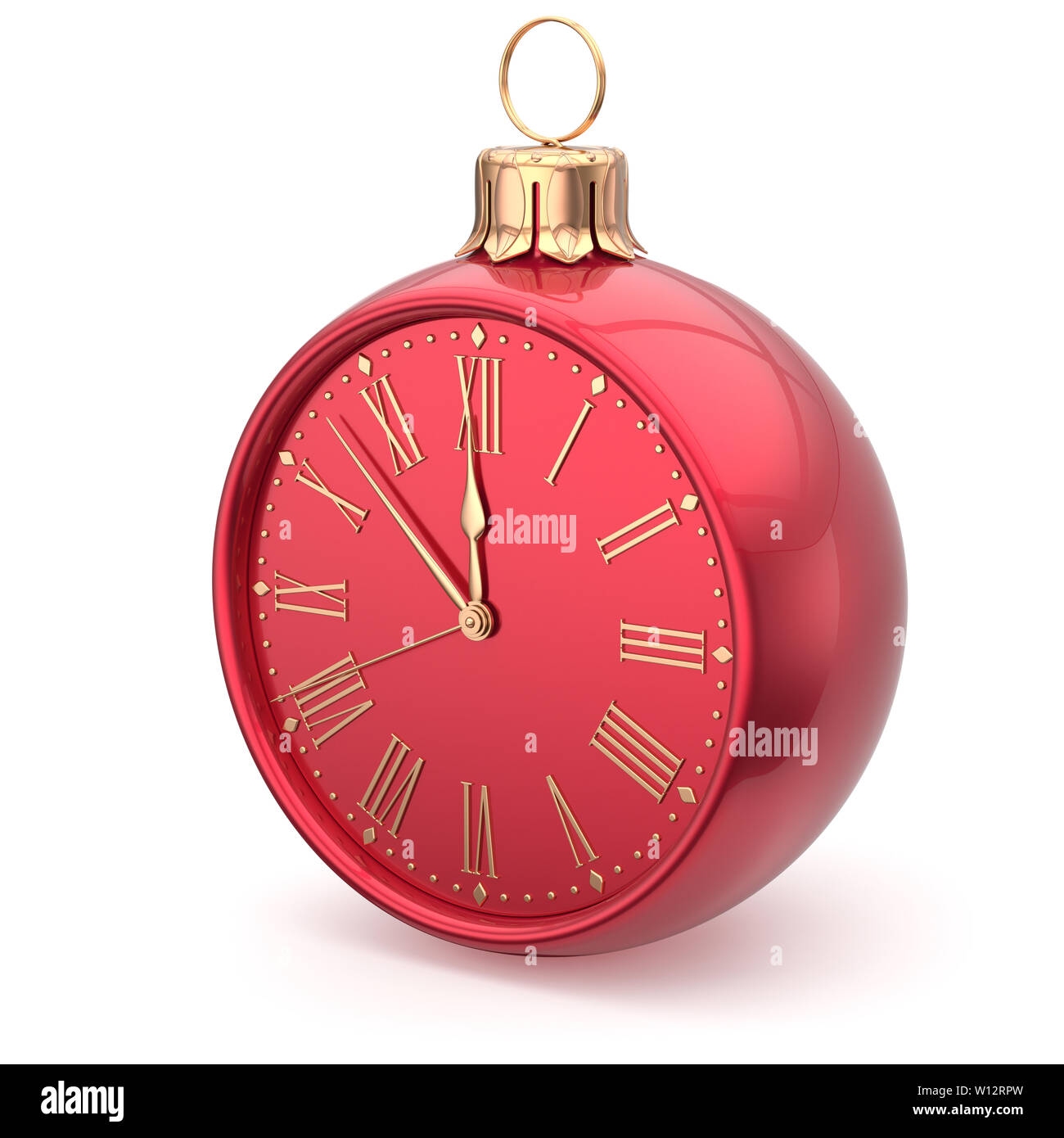 New Year's Eve clock bauble Christmas ball decoration midnight countdown ornament red sparkly. Traditional wintertime happy holidays beginning time fu Stock Photo