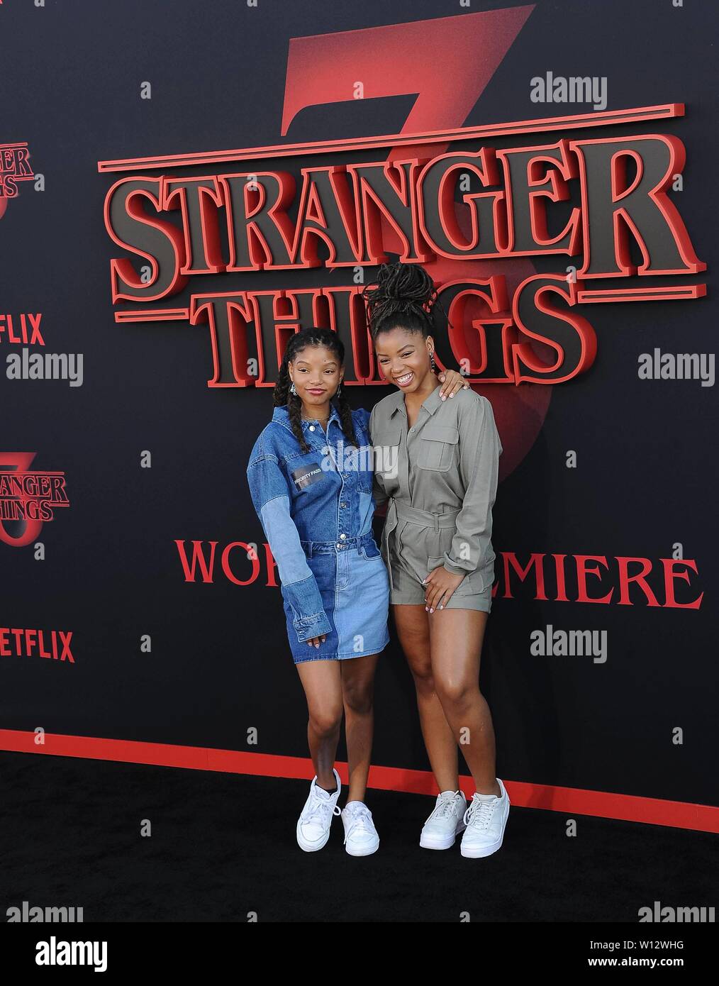 Halle Bailey (l) and Chloe Bailey attend the 'Stranger Things' Season 3 World Premiere at Santa Monica High School Barnum Hall in Santa Monica, California, USA, on 29 June 2019. | usage worldwide Stock Photo