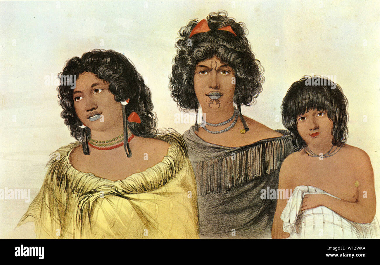 Watercolour of Amoko, Heana and Hepi, two Maori women and their young slave, New Zealand by Augustus Earl, 1827. Although Hepi was apparently treated well, it was common practice before the missionaries arrived to eventually eat the slaves. Stock Photo
