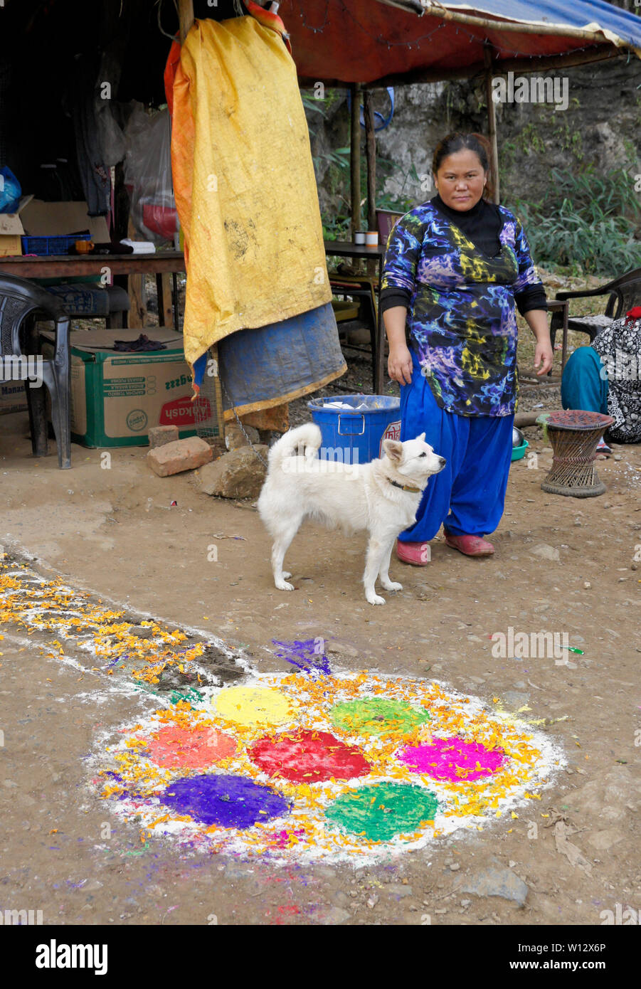 A traditionally dressed woman and a spitz dog stand outside a roadside restaurant decorated with colored powder and flowers to celebrate Diwali Stock Photo