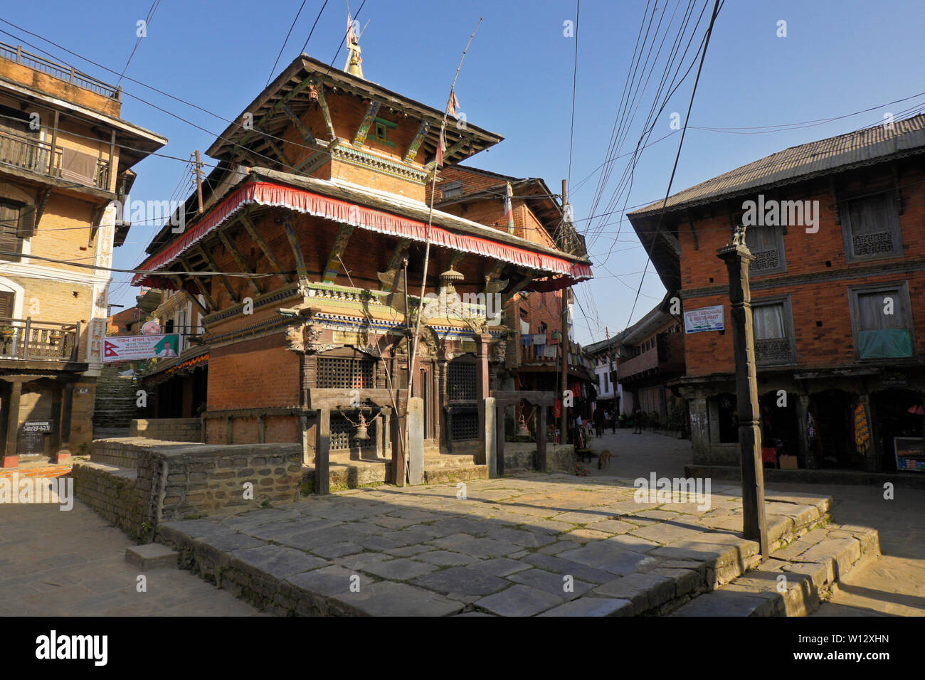 Bindhesbasini Hindu temple on main street of historic Newari trading post town of Bandipur, Tanahan District, Nepal Stock Photo