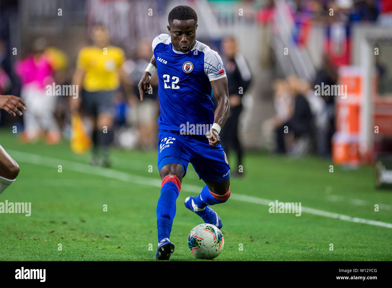 Houston, TX, USA. 29th June, 2019. Canada forward Lucas Cavallini (19)  celebrates his goal during the 1st half of a CONCACAF Gold Cup  quarterfinals soccer match between Haiti and Canada at NRG