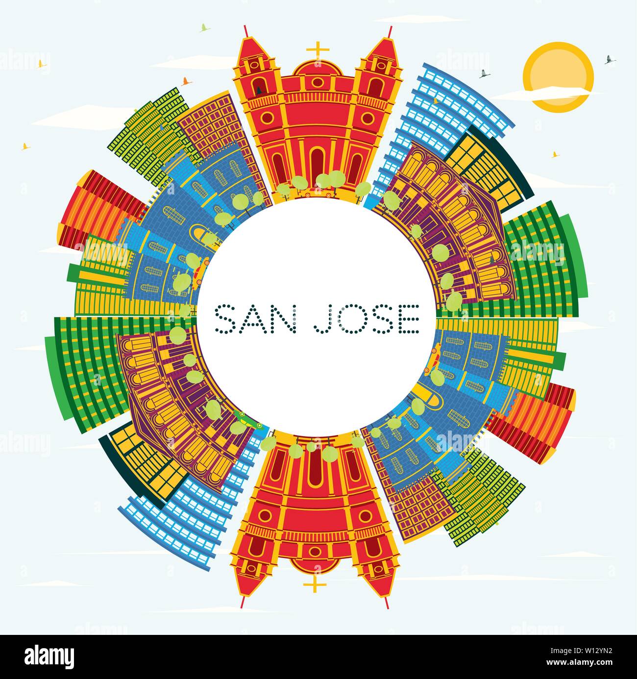 San Jose Costa Rica City Skyline with Color Buildings, Blue Sky and Copy Space. Vector Illustration. Stock Vector