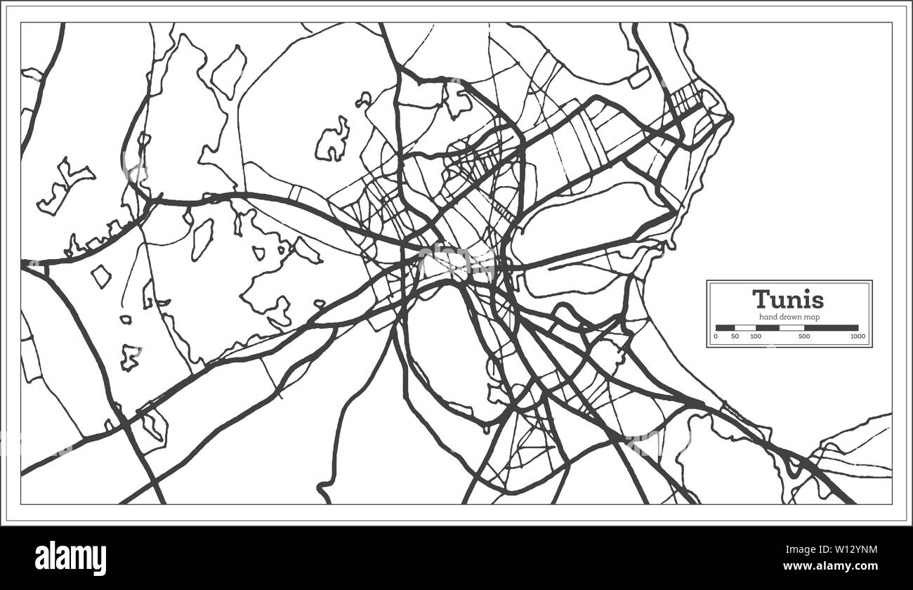 Tunis Tunisia City Map iin Black and White Color. Outline Map. Vector Illustration. Stock Vector