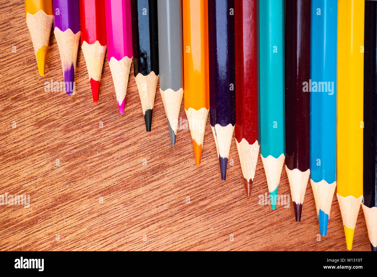 A neatly arranged colored pencil on a wooden board. Stock Photo
