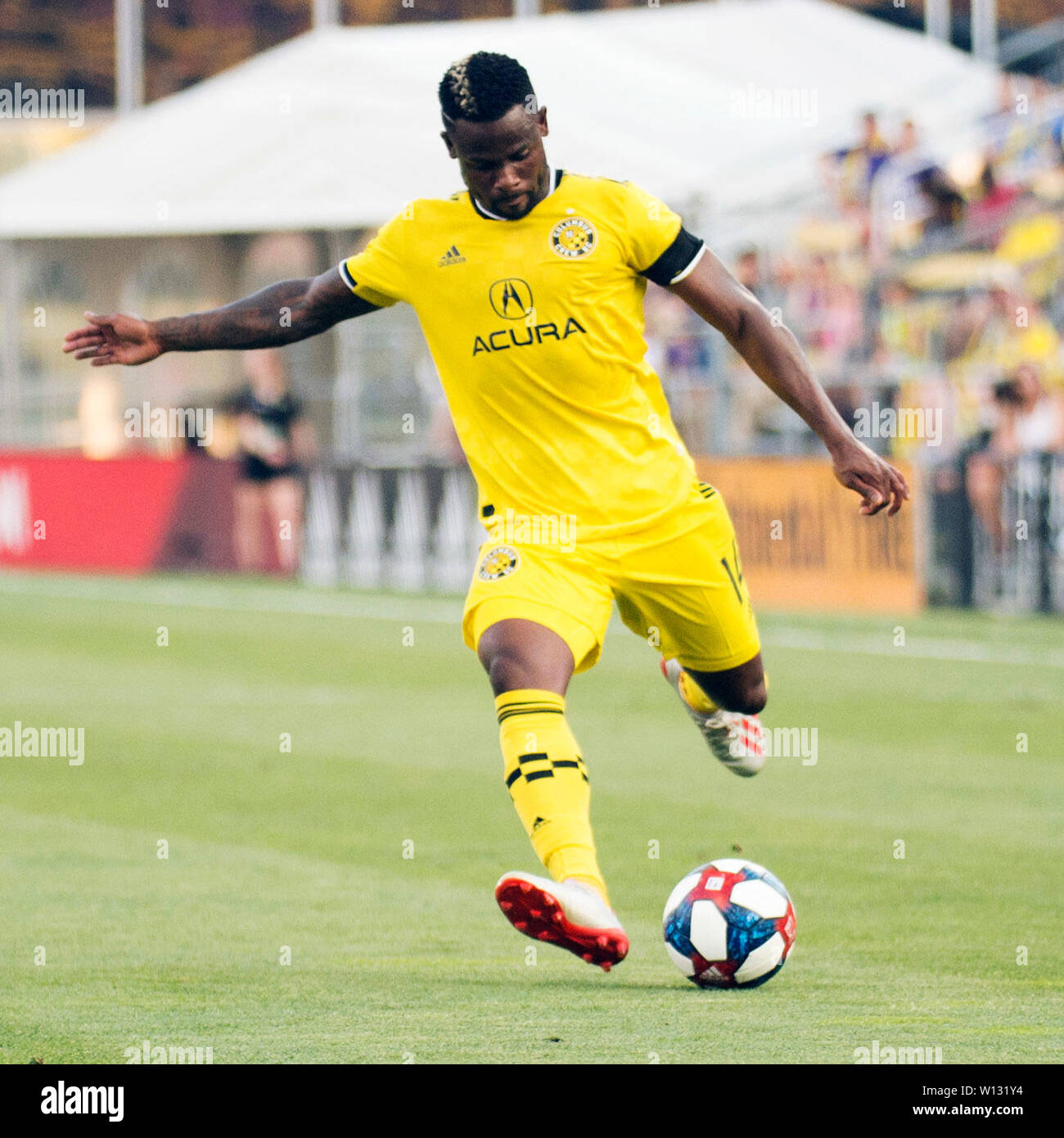 June 29, 2019: Columbus Crew SC defender Waylon Francis (14) sends the ball down the pitch against Orlando City in their game in Columbus, Ohio, USA. Brent Clark/Alamy Live News Stock Photo