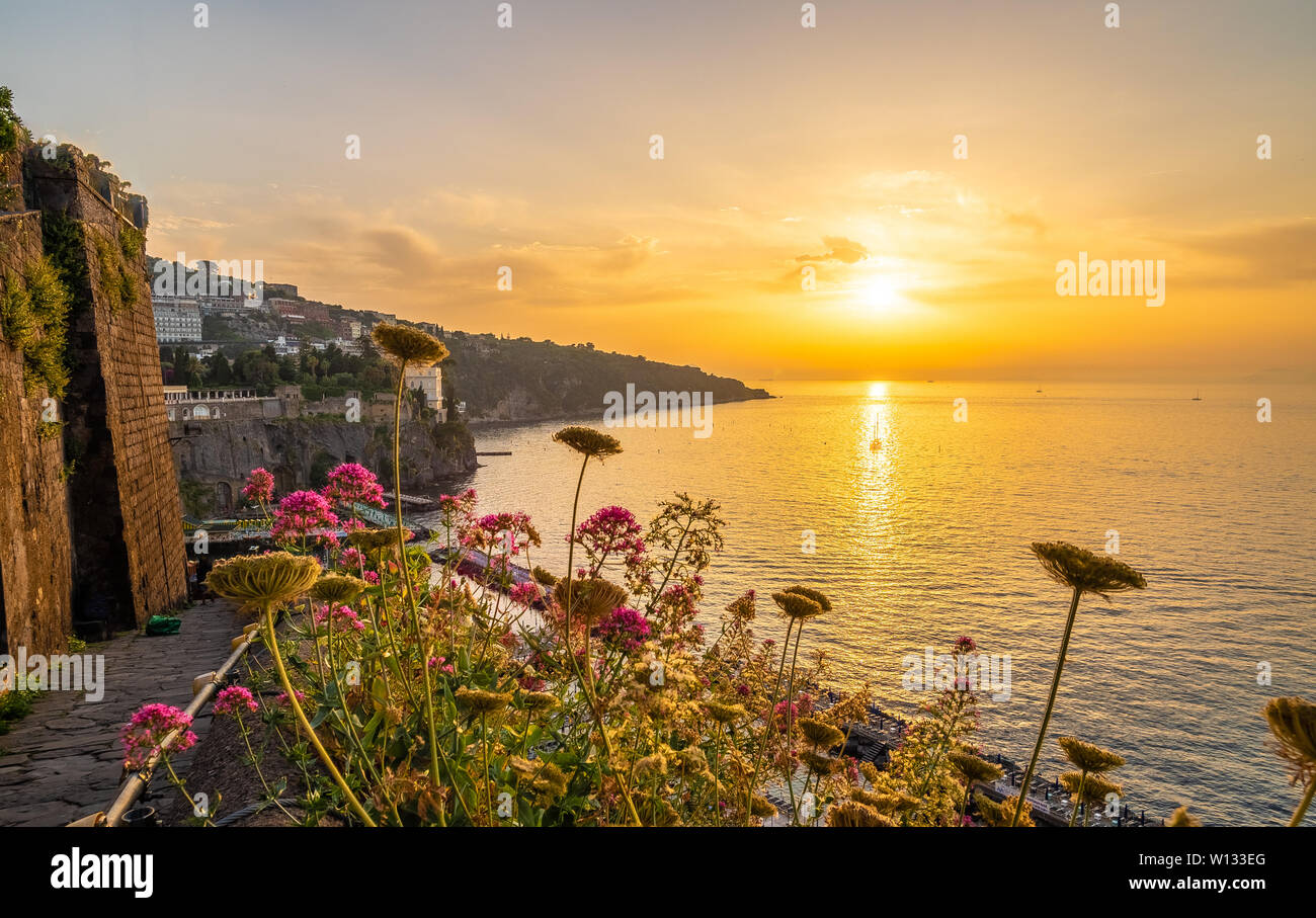 Landscape with Sorrento at sunset time, amalfi coast, Italy Stock Photo