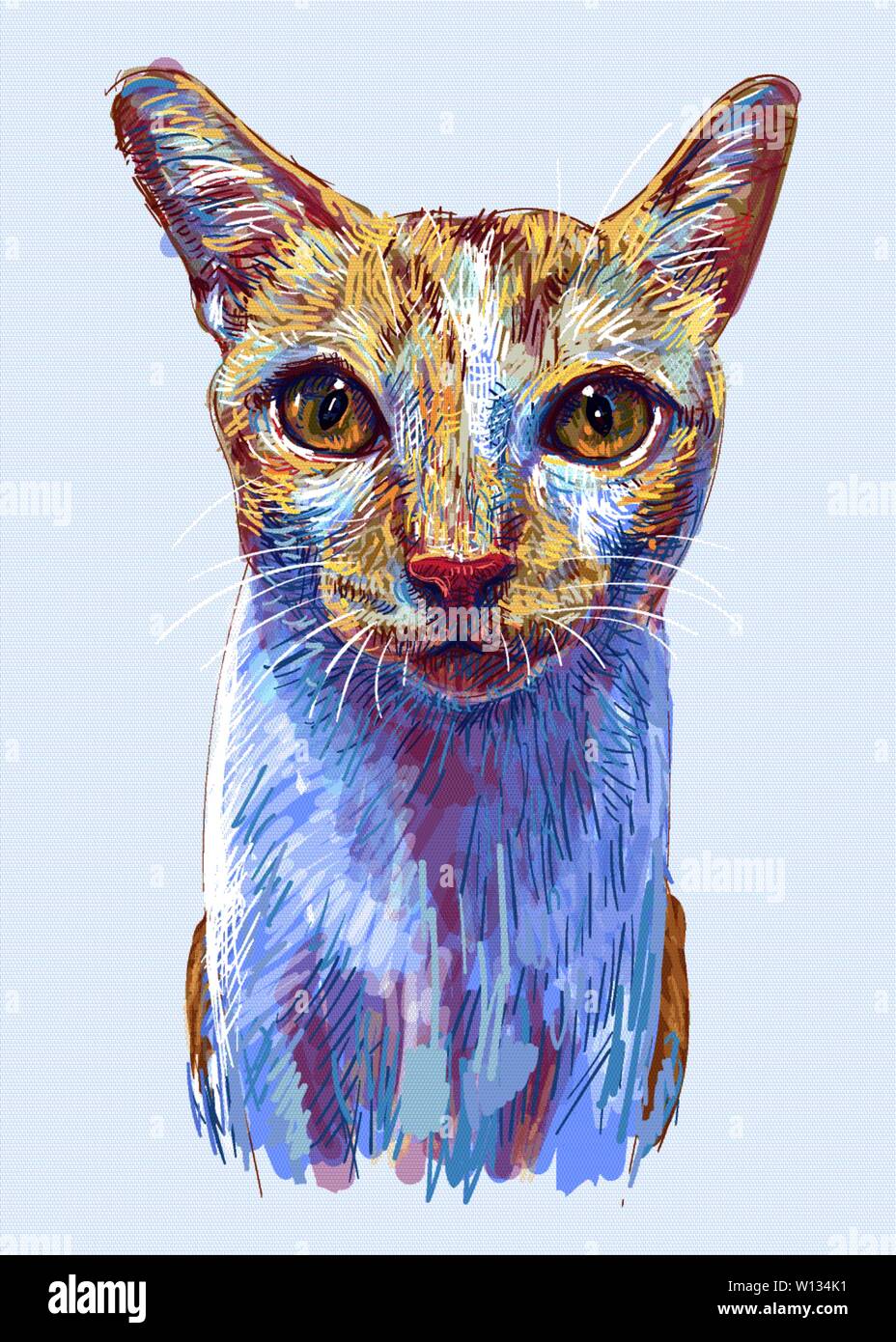 Ginger cat, portrait of cute kitten isolated on light blue background, vector illustration Stock Vector