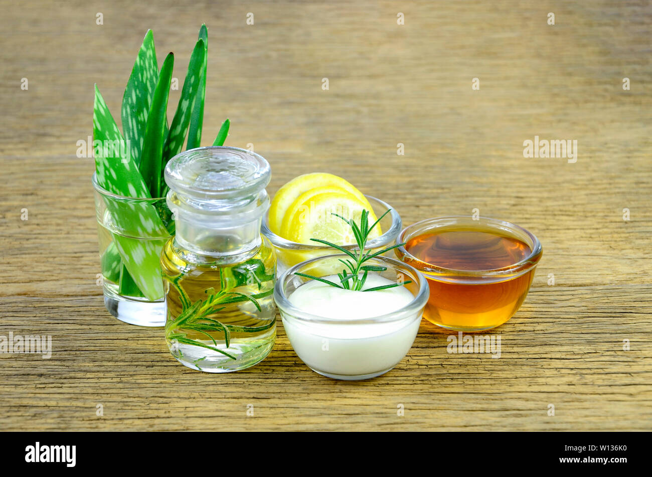 Honey, lemon, rosemary leaves, greek yogurt, aloe vera leaves and