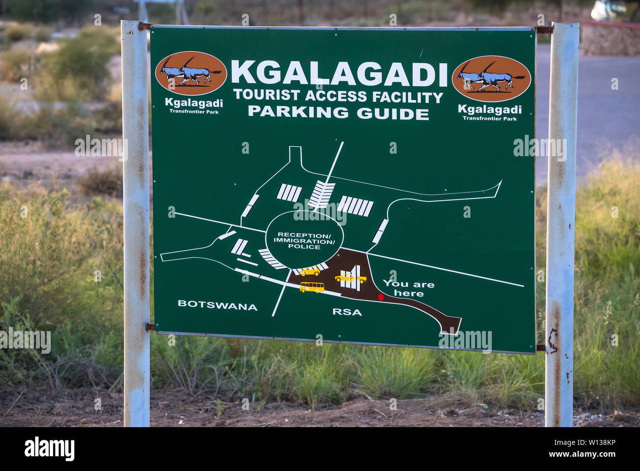tourist information sign board and map diagram of the tourist access facility and parking guide at Kgalagadi Transfrontier park in South Africa Stock Photo