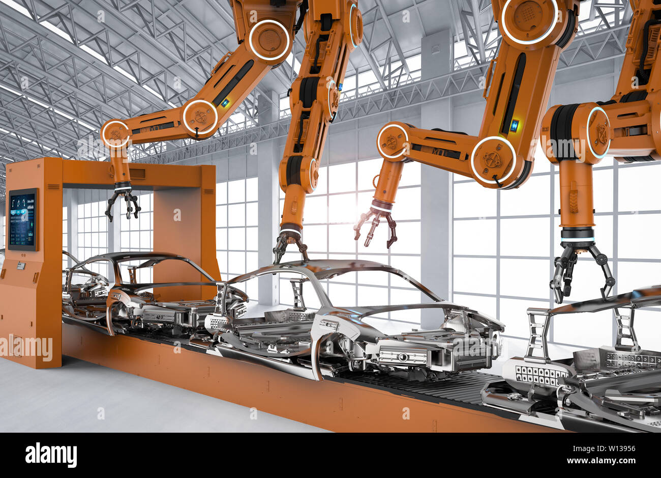 Automation aumobile factory concept with 3d rendering robot assembly line in  car factory Stock Photo - Alamy