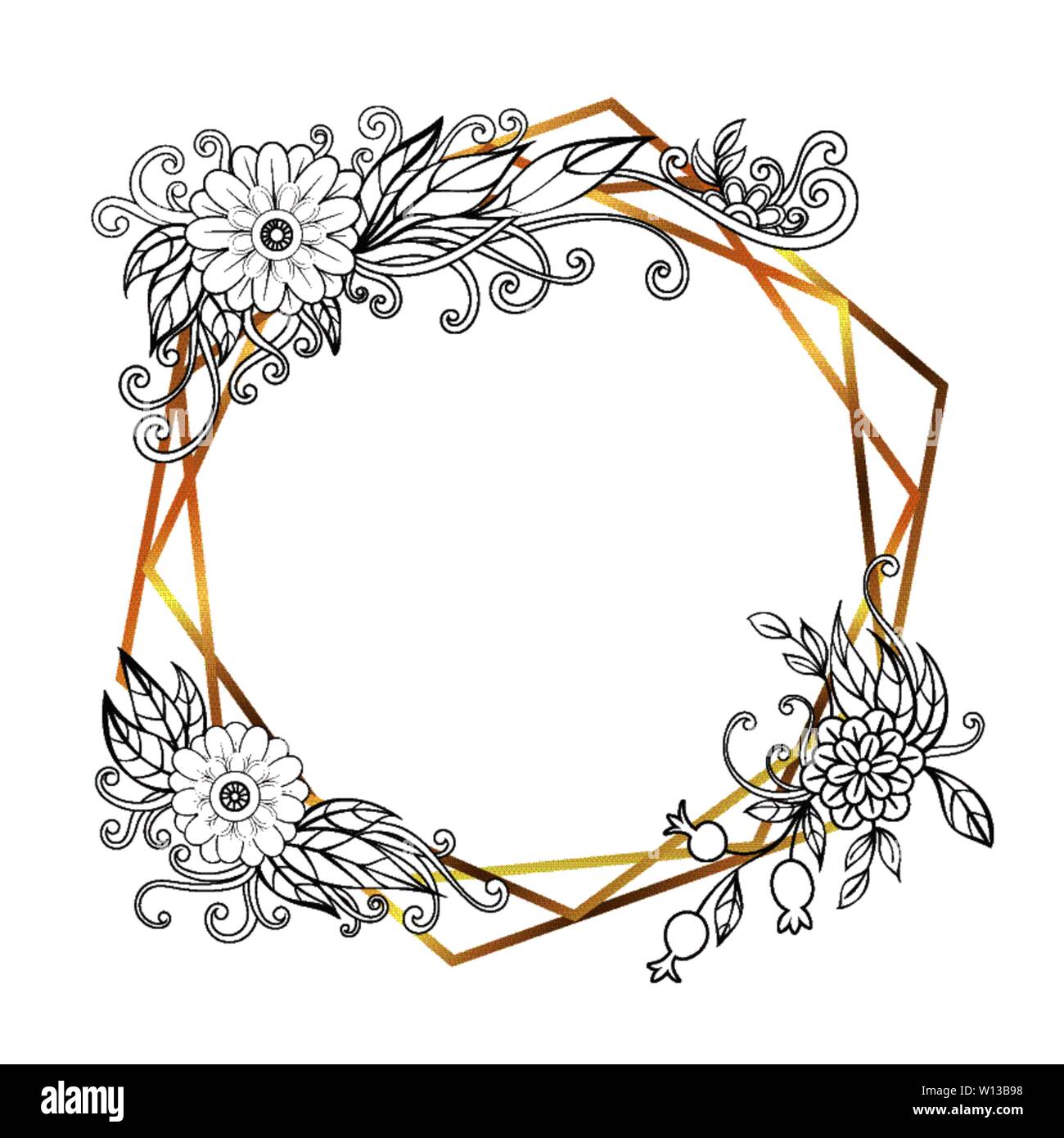 Gold polygonal modern card with hand drawn flowers. Floral frame design. Triangles and geometric shapes. Vector illustration. Isolated on white background Stock Vector
