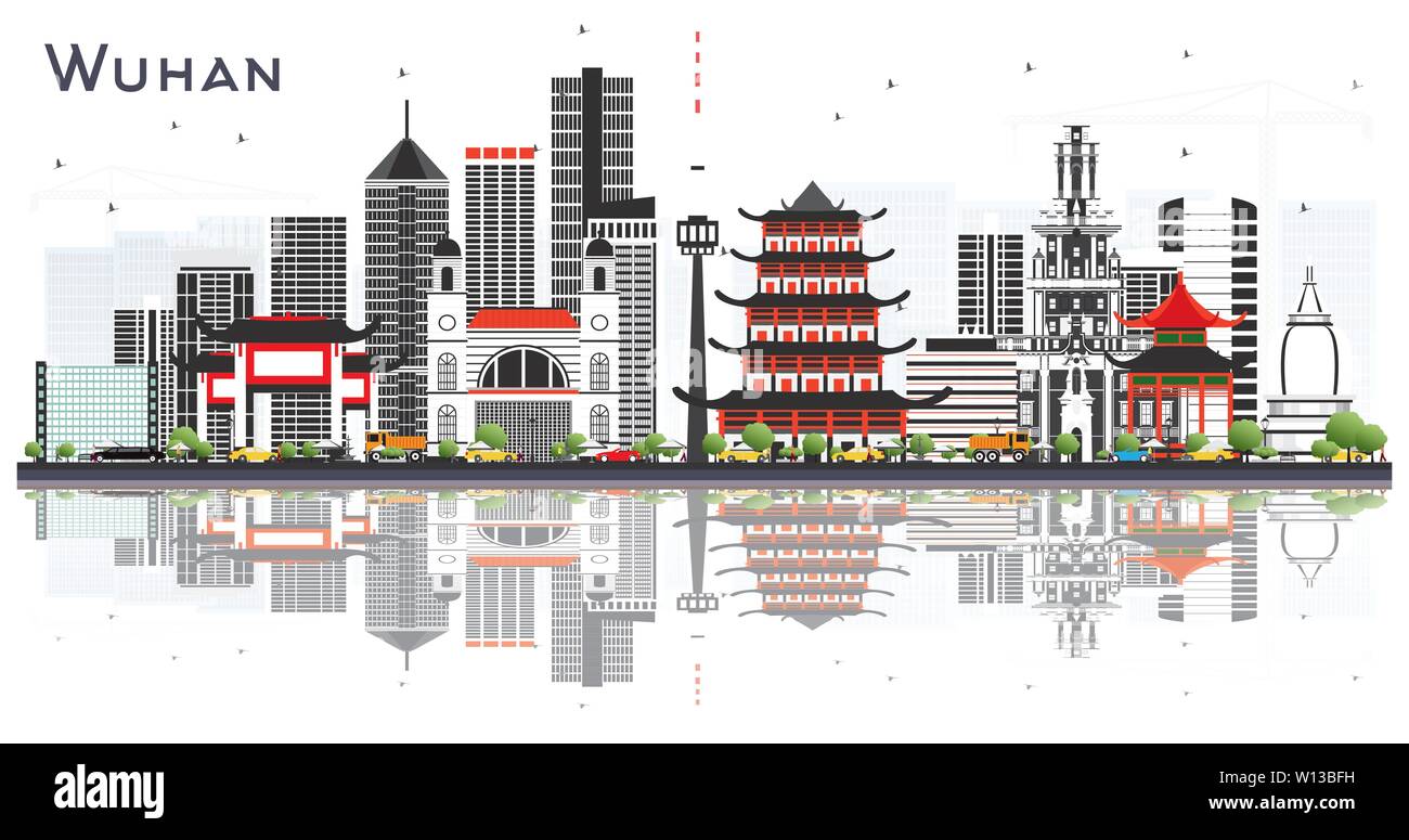 Wuhan China City Skyline with Gray Buildings and Reflections Isolated on White. Vector Illustration. Stock Vector