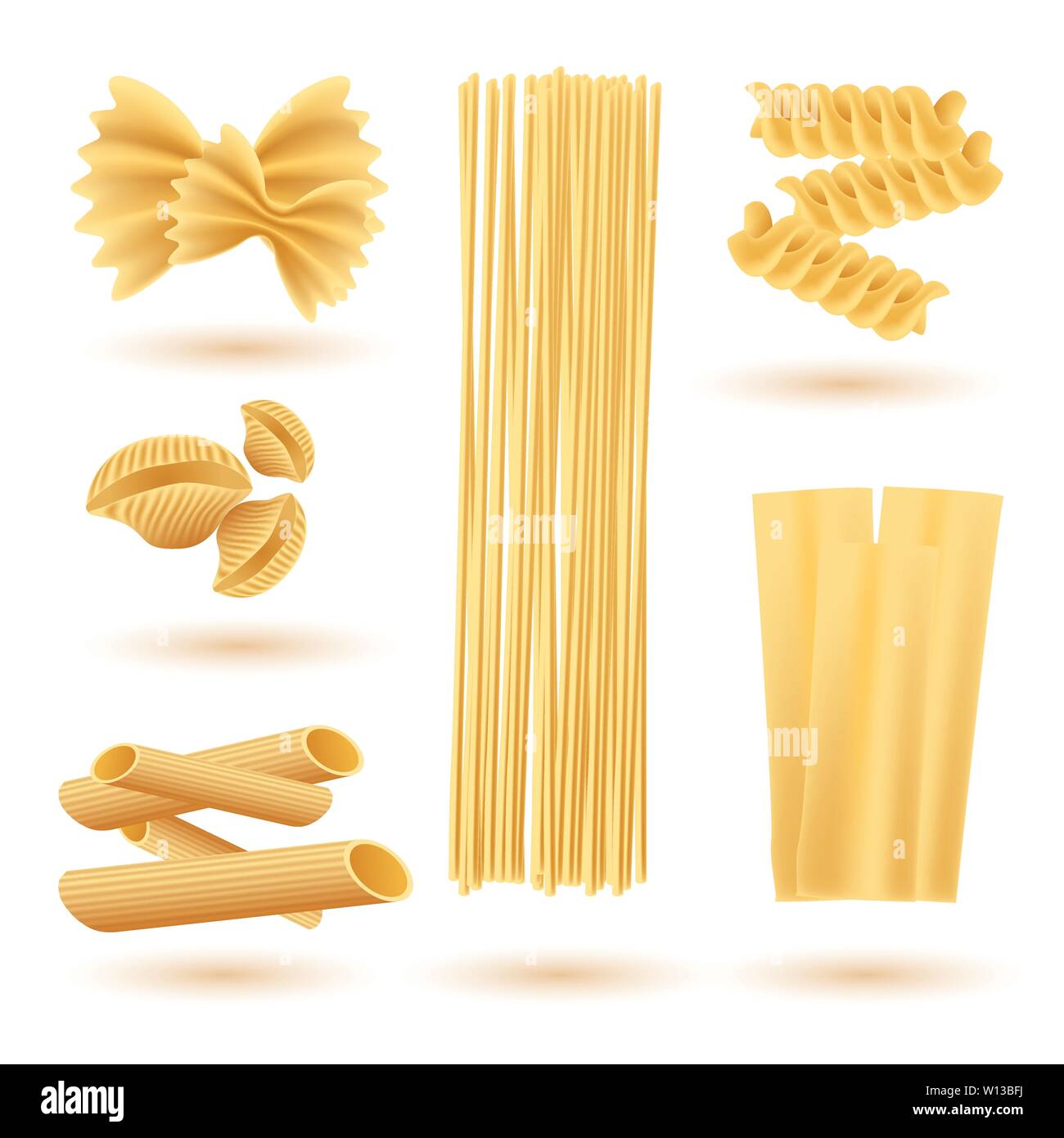 Isolated Set of Italian Pasta. Farfalle, Conchiglie, Linguine