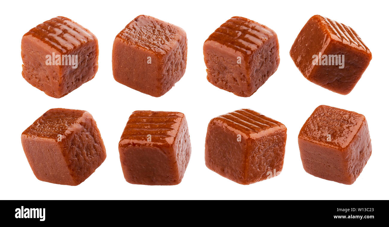 Toffee candy, square caramel sweets isolated on white background with