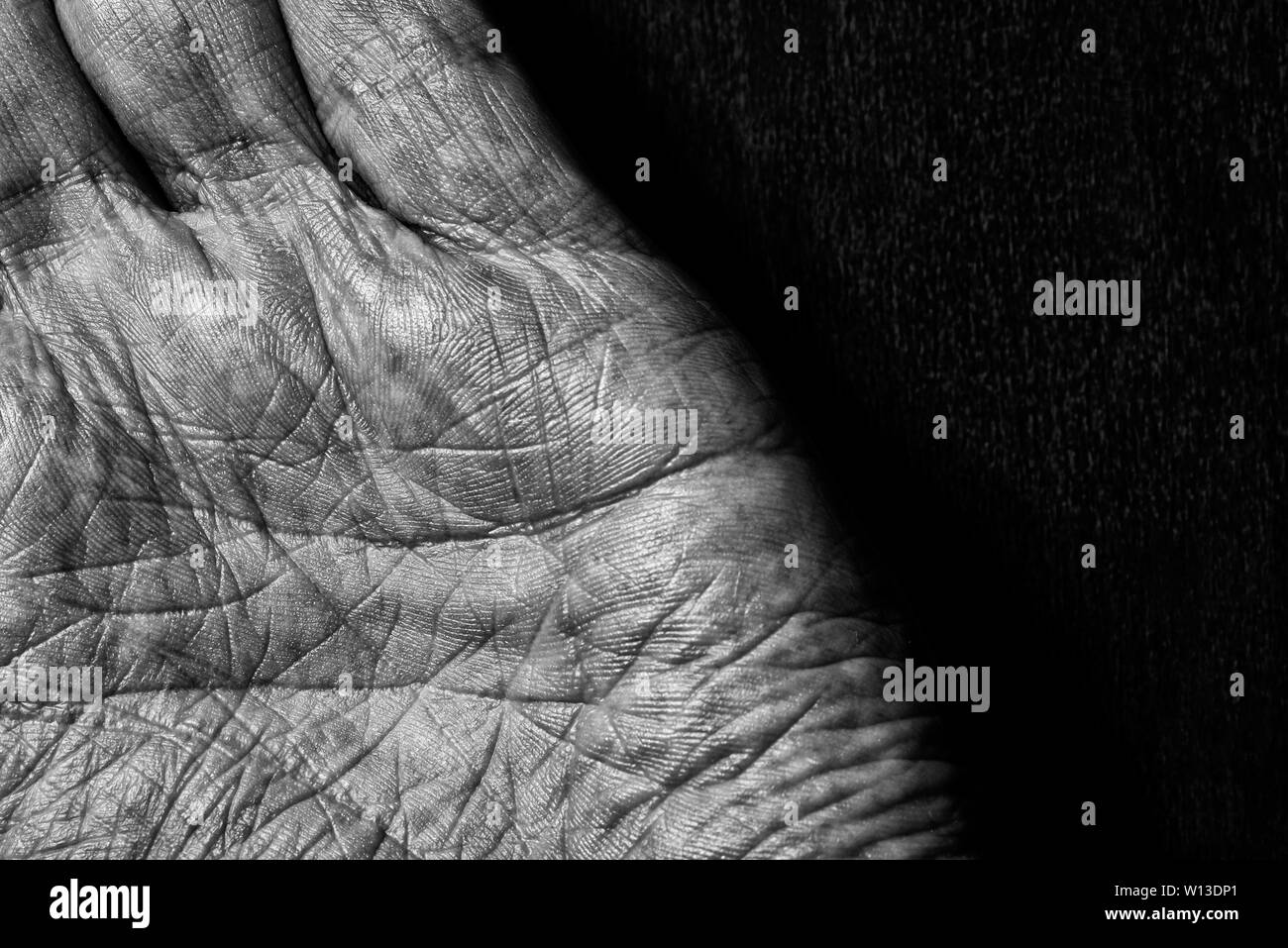 Black and white picture of elderly male hands on a dark background. Detail of the palm of the hand. Stock Photo
