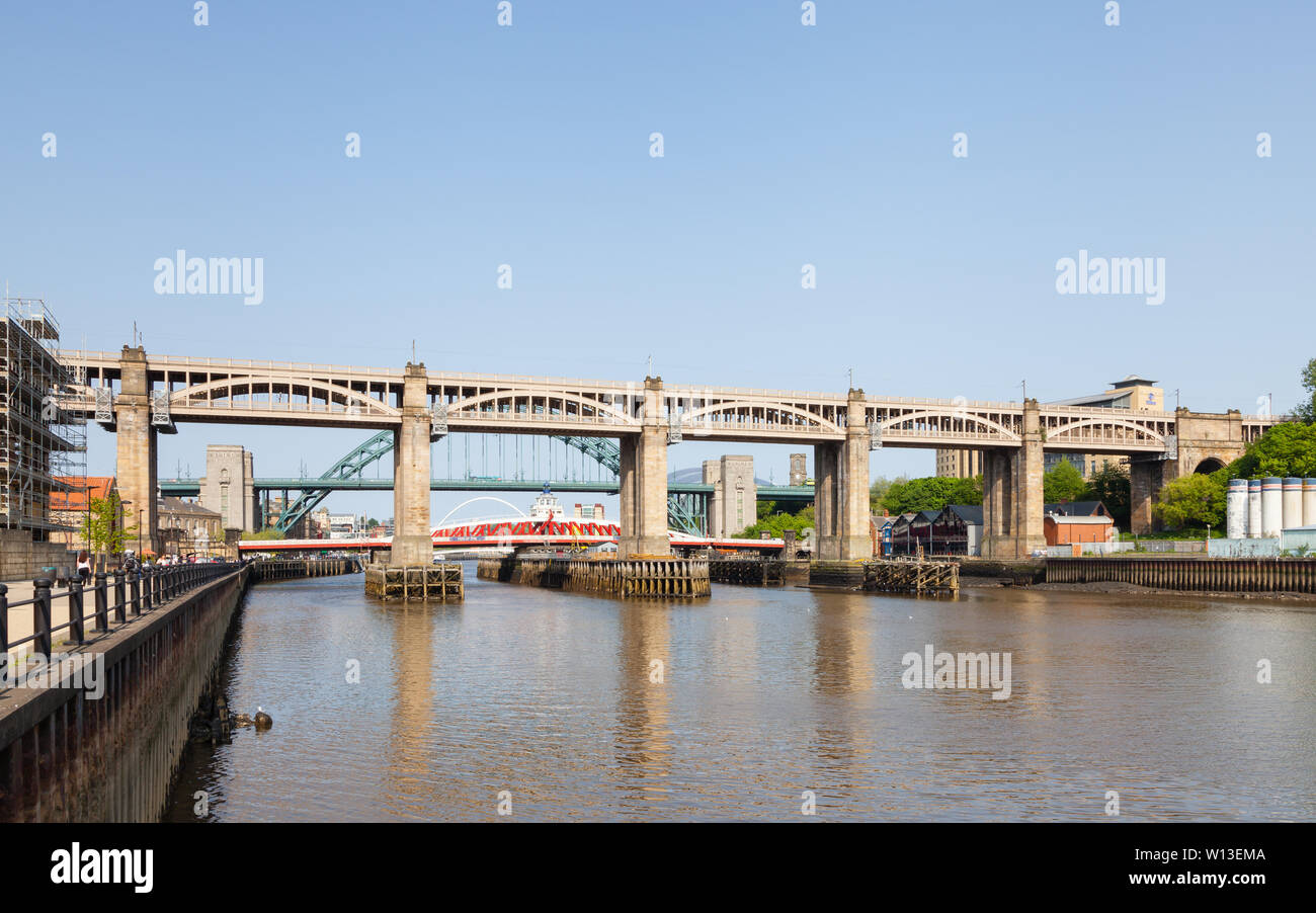 A view of the High Level Bridge, a road and railway bridge over the River Tyne.  The bridge connects Newcastle upon Tyne and Gateshead. Stock Photo