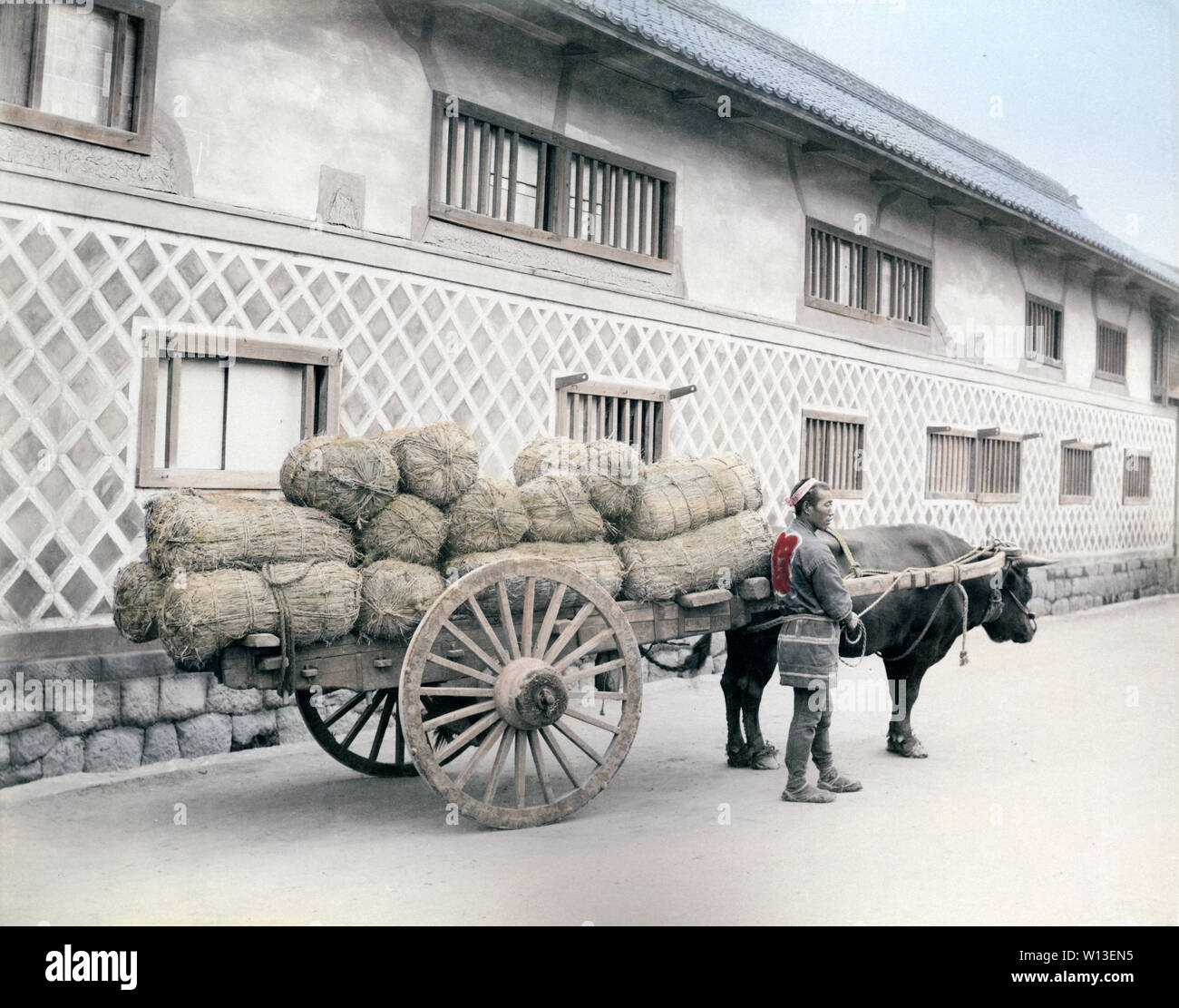 [ 1890s Japan - Japanese Ox cart with Rice Bags ] —   A man stands next to an gyusha (牛車, ox cart) loaded with tawara (俵, straw rice bags).  19th century vintage albumen photograph. Stock Photo
