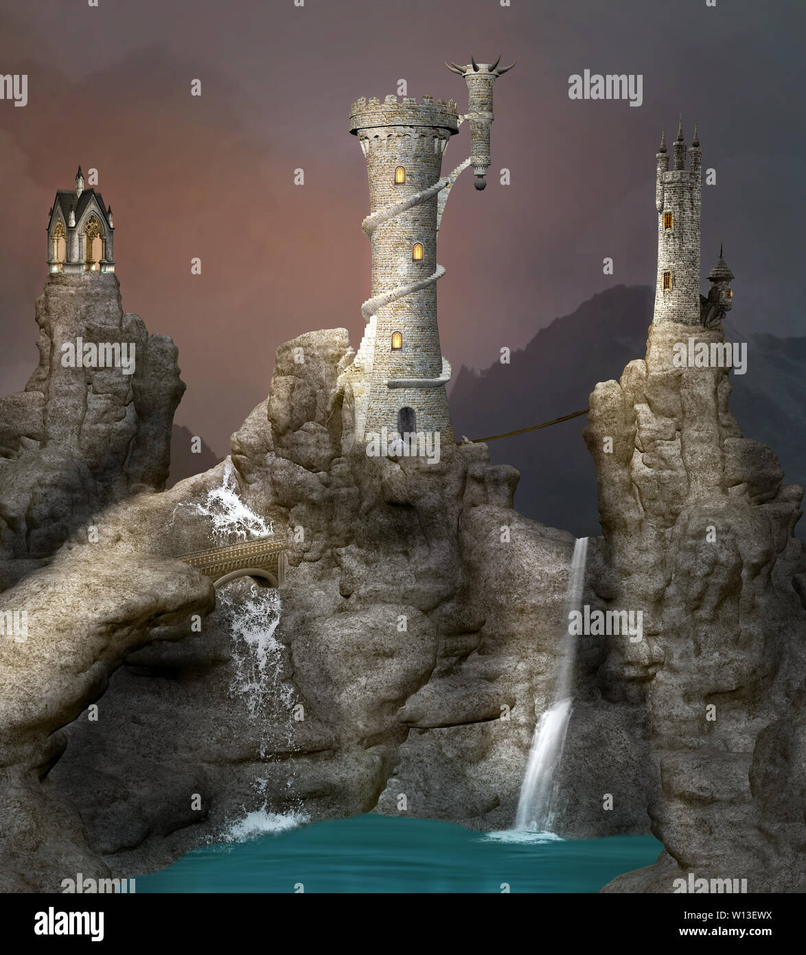 Fantasy medieval landscape with towers by the waterfall Stock Photo