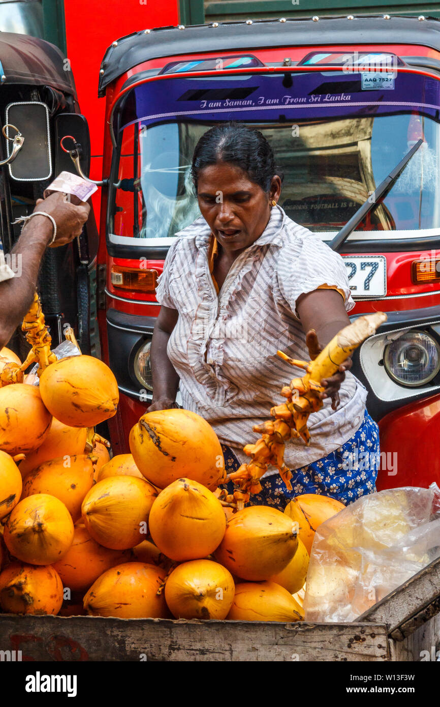 Colombo. Sri Lanka - December 21st 2016: Woman buying coconuts in the Pettah district. This is the main commercial area. Stock Photo