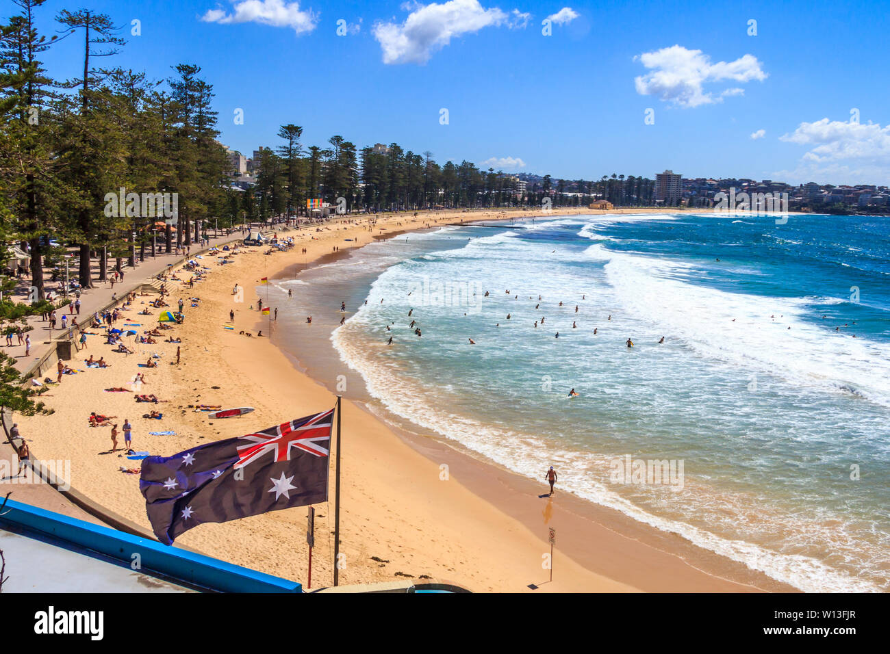 Australian flag and Manly beach, Sydney, Australia Stock Photo