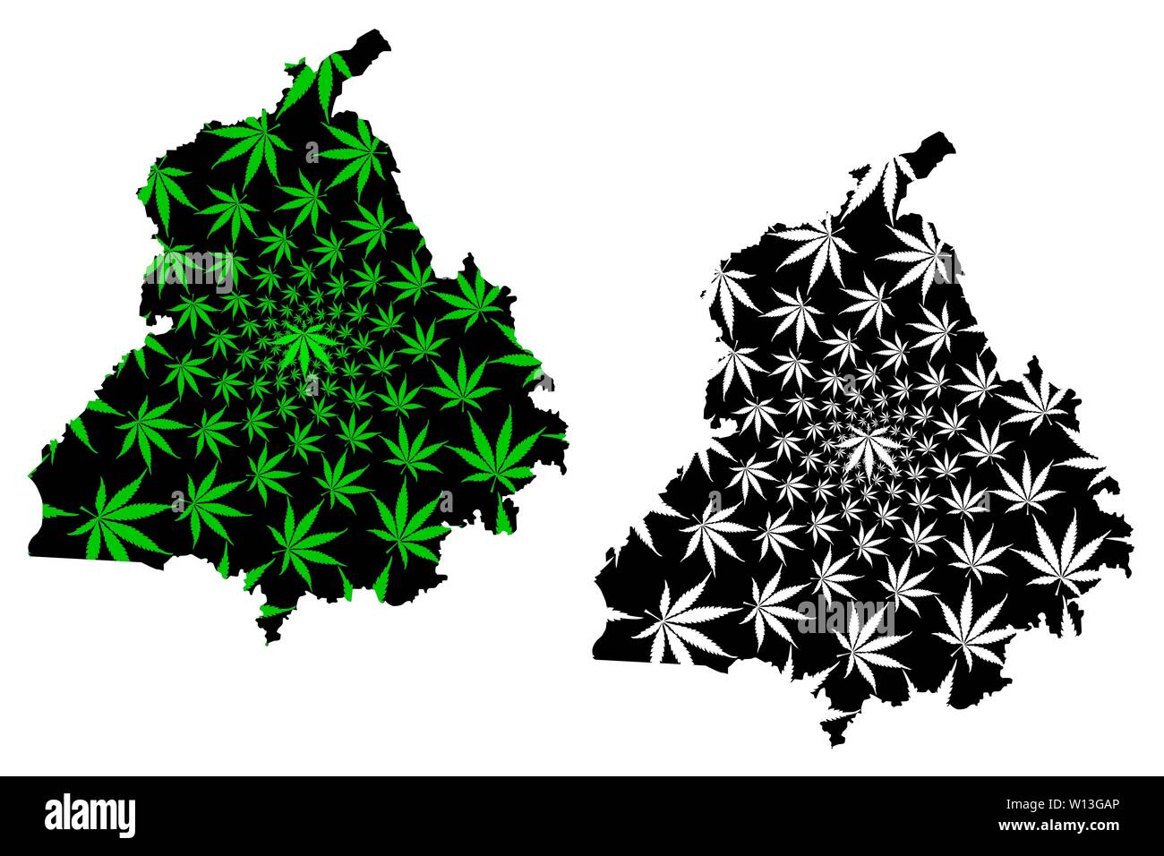 Punjab (States and union territories of India, Federated states, Republic of India) map is designed cannabis leaf green and black, Punjab state map ma Stock Vector