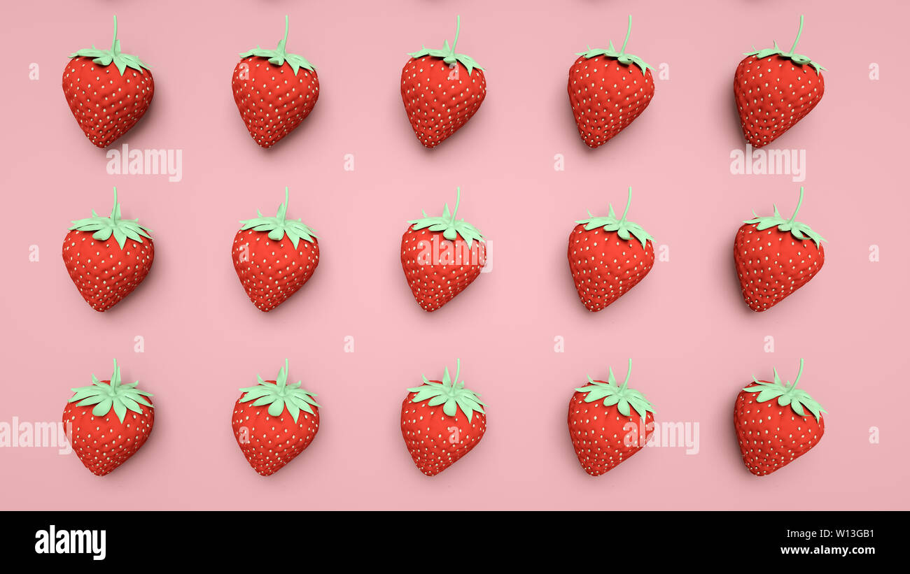 Repeated strawberries placed under the soft pink background of maiden color, sweet juicy strawberries, healthy nutrition and weight loss fruit, hot summer thirst-quenching cool fruit, juice color series, love maiden color. Stock Photo